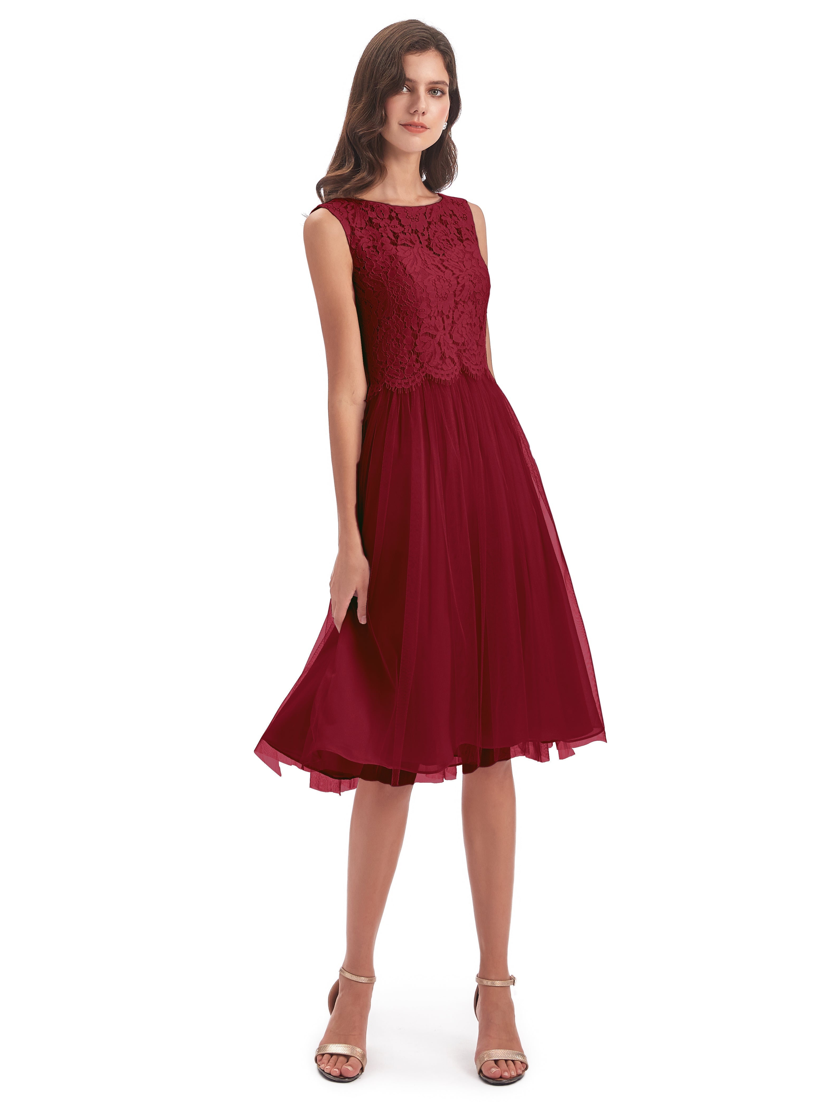 Modestes Robes De Demoiselle D'Honneur Bordeaux Bateau Longueur Genou Tulle/Dentelle Robes Demoiselle D'Honneur