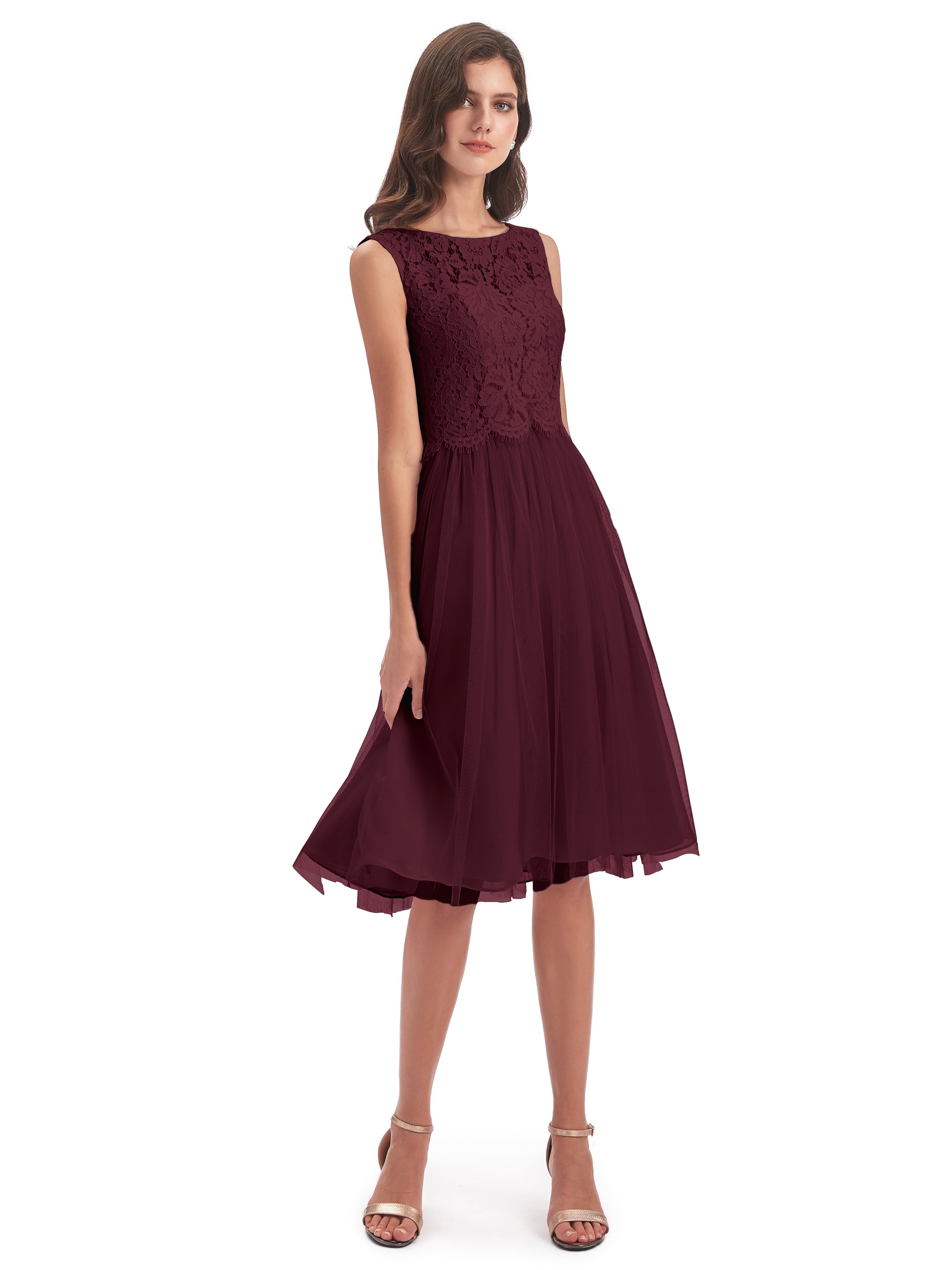 Robes De Demoiselle D'Honneur Cabernet Bateau Longueur Genou Tulle/Dentelle Robes Demoiselle D'Honneur