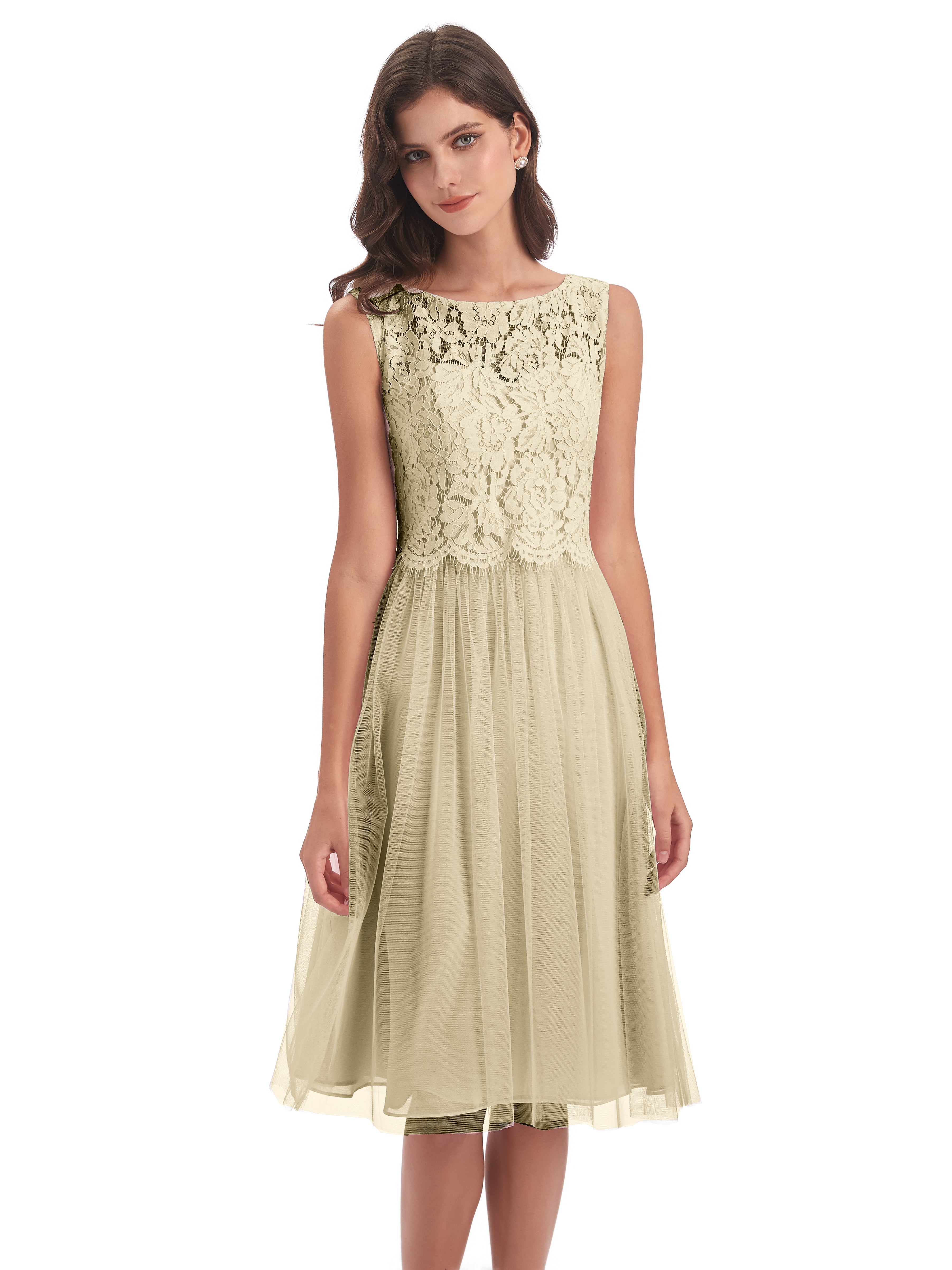 Robes De Demoiselle D'Honneur Champagne Bateau Longueur Genou Tulle/Dentelle Robes Demoiselle D'Honneur