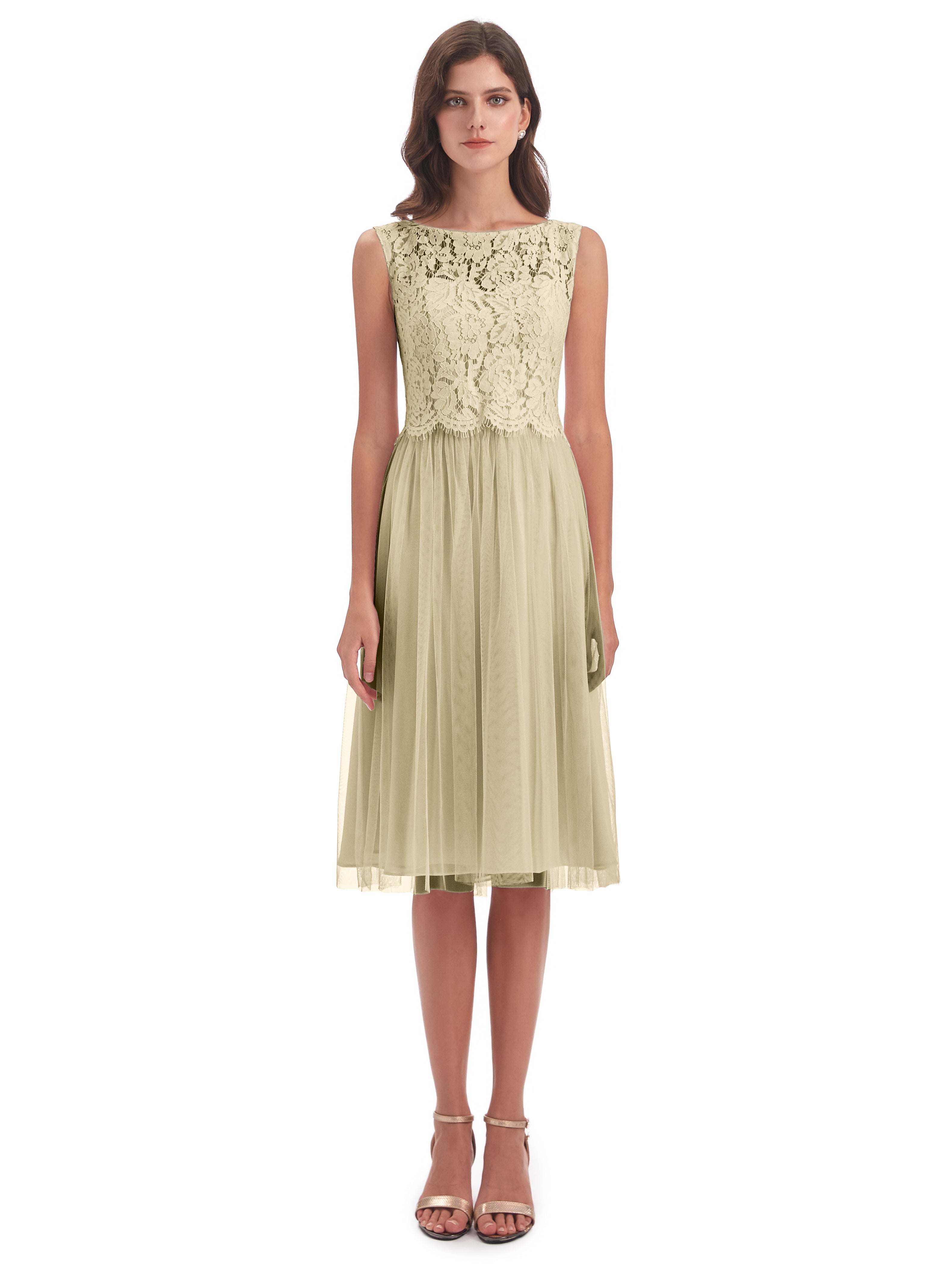 Robes De Demoiselle D'Honneur Champagne Bateau Longueur Genou Tulle/Dentelle Robes Demoiselle D'Honneur