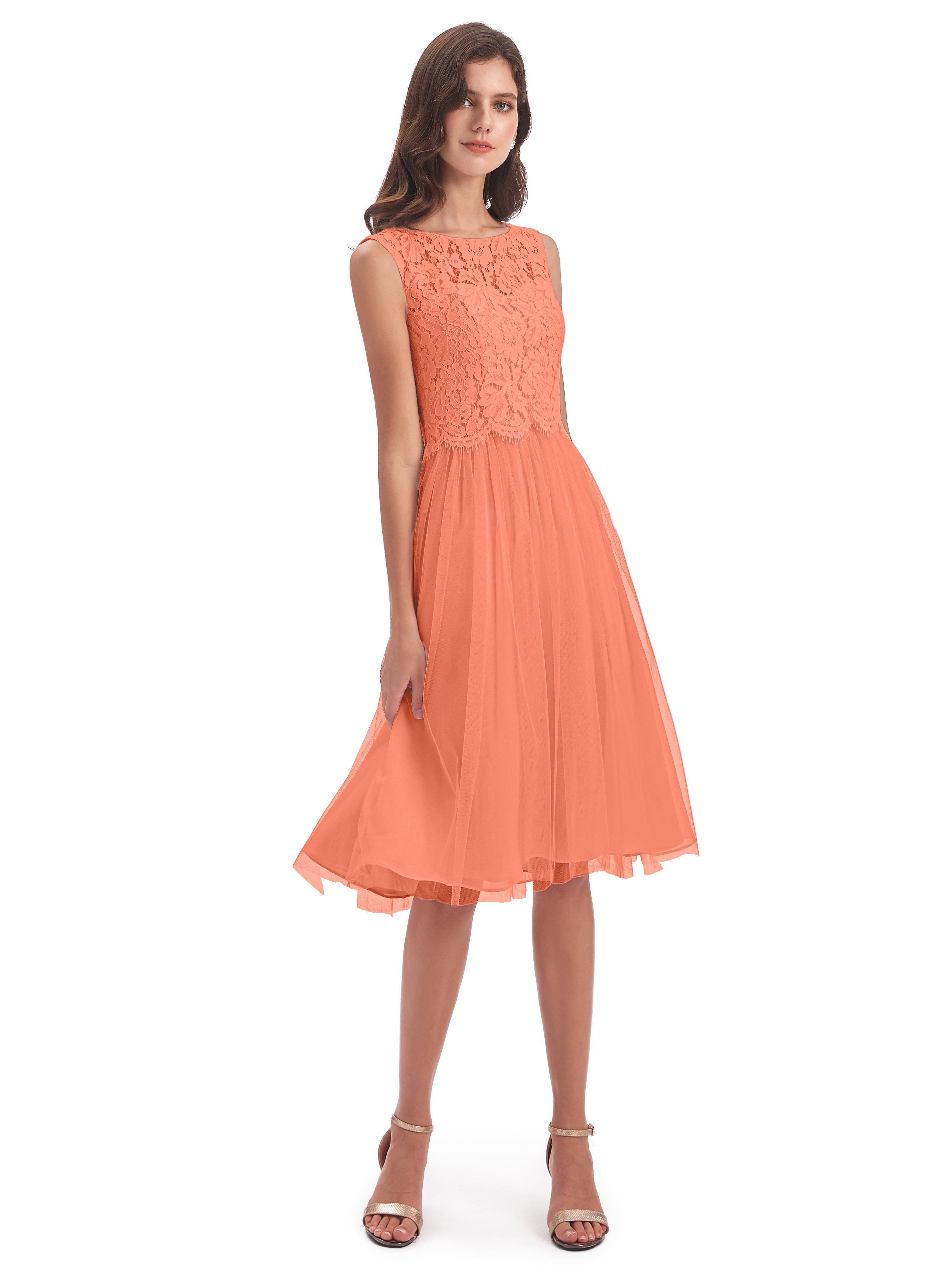 Robes De Demoiselle D'Honneur Coucher De Soleil Bateau Longueur Genou Tulle/Dentelle Robes Demoiselle D'Honneur