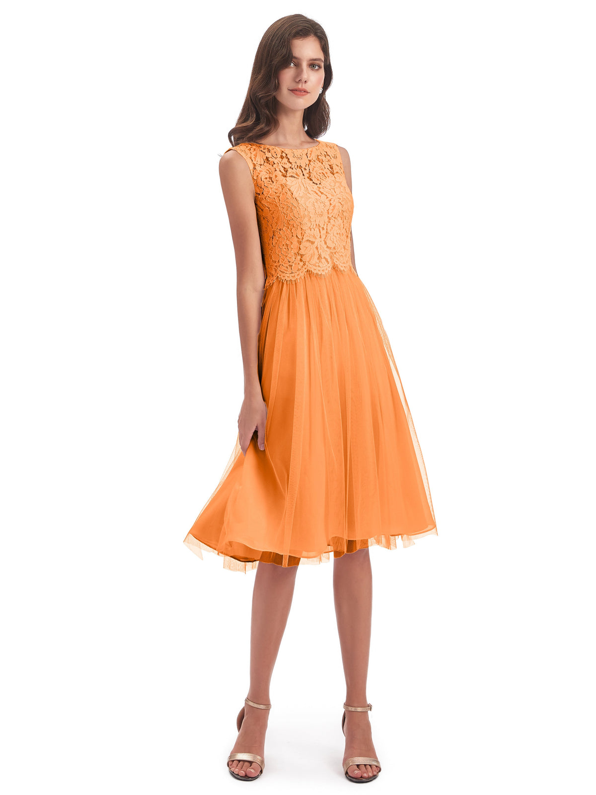 Robes De Demoiselle D'Honneur Orange Bateau Longueur Genou Tulle/Dentelle Robes Demoiselle D'Honneur