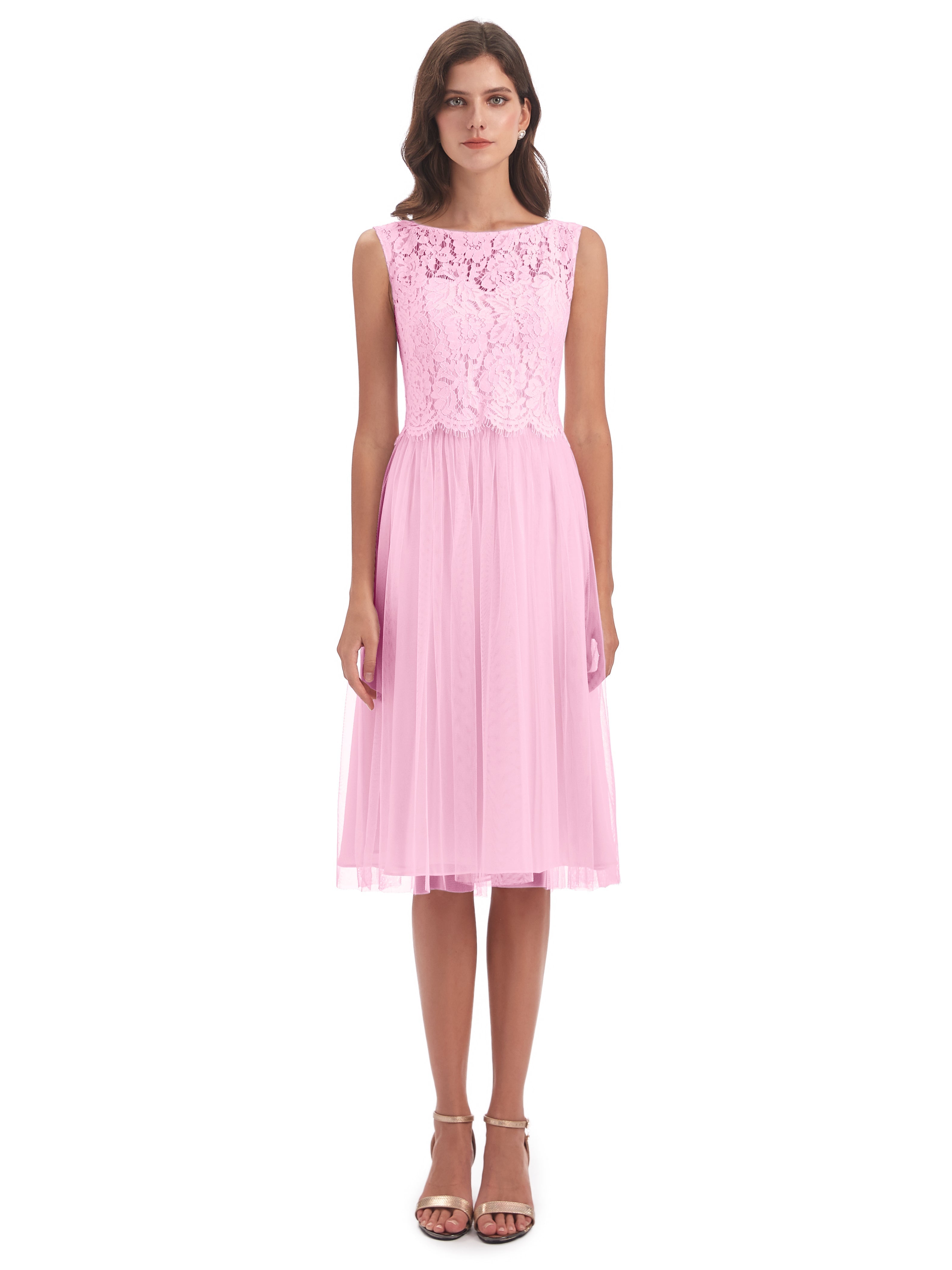 Robe Demoiselle D Honneur Rose Bonbon Bateau Longueur Genou Tulle/Dentelle Robes Demoiselle D'Honneur