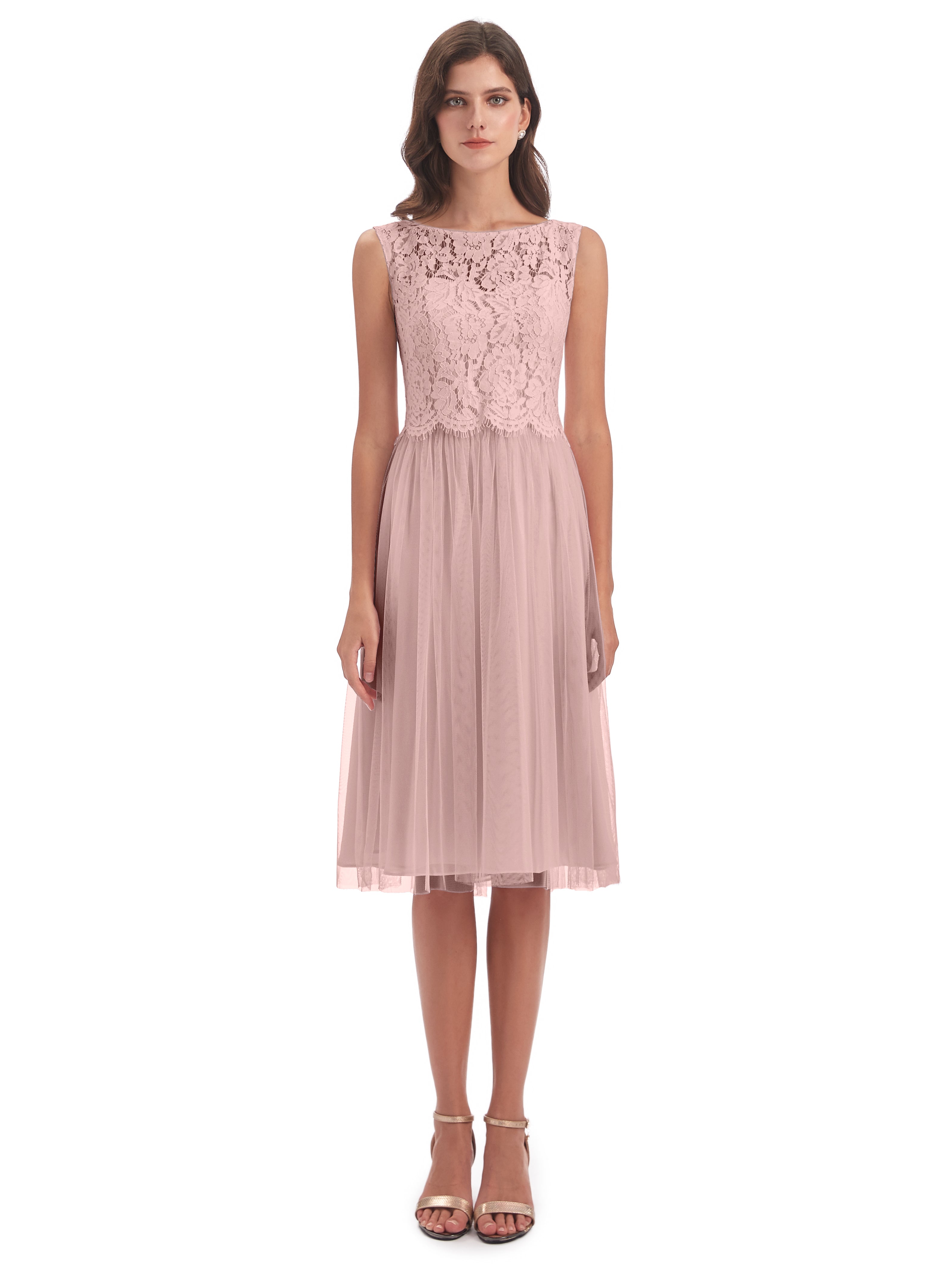 Robes De Demoiselle D'Honneur Couleur Rose Poudrée Bateau Longueur Genou Tulle/Dentelle Robes Demoiselle D'Honneur