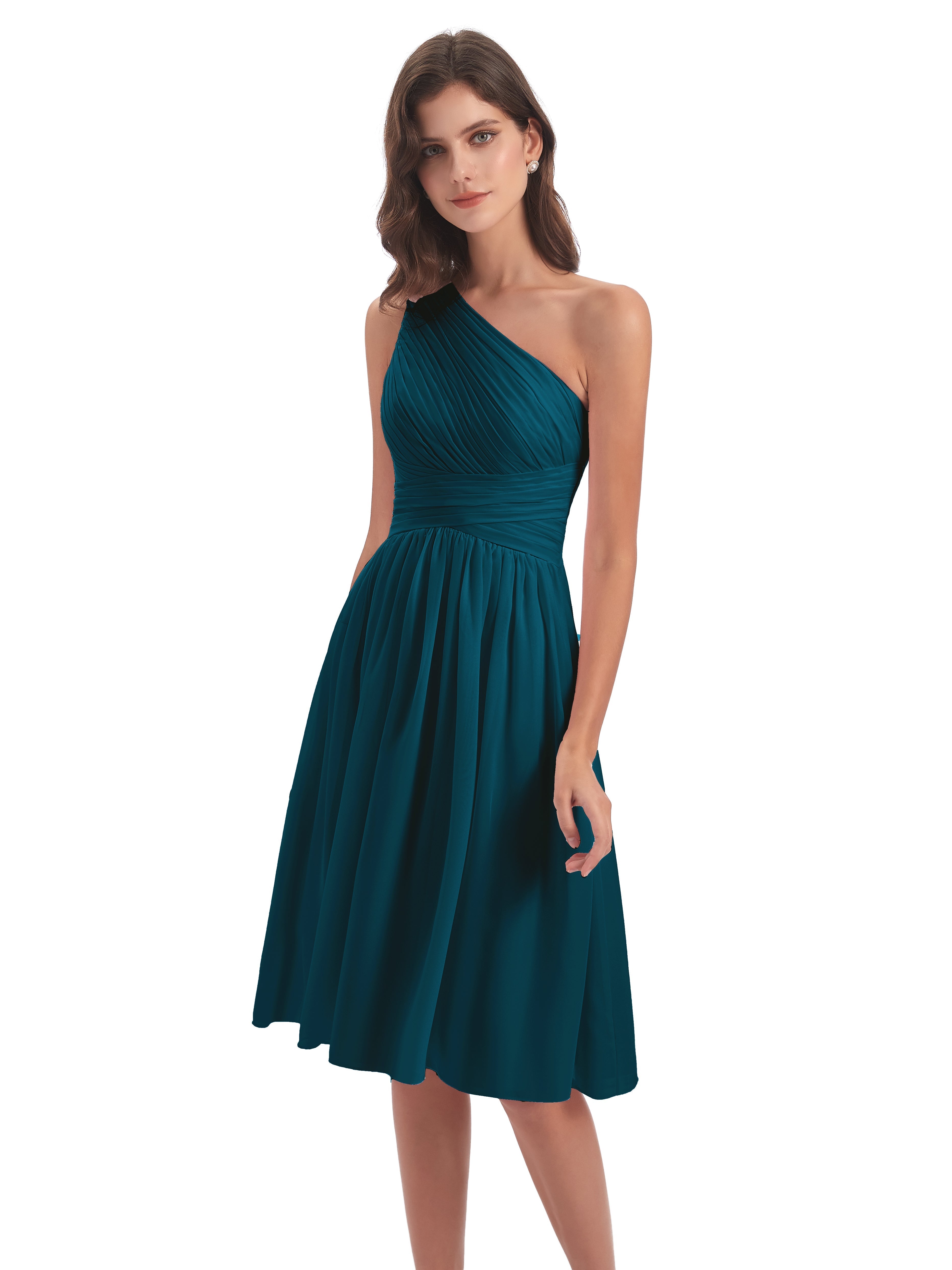 Robe De Demoiselle D'Honneur Bleu Encre Seule-Épaule Longueur Genou Mousseline Robes Demoiselle D'Honneur
