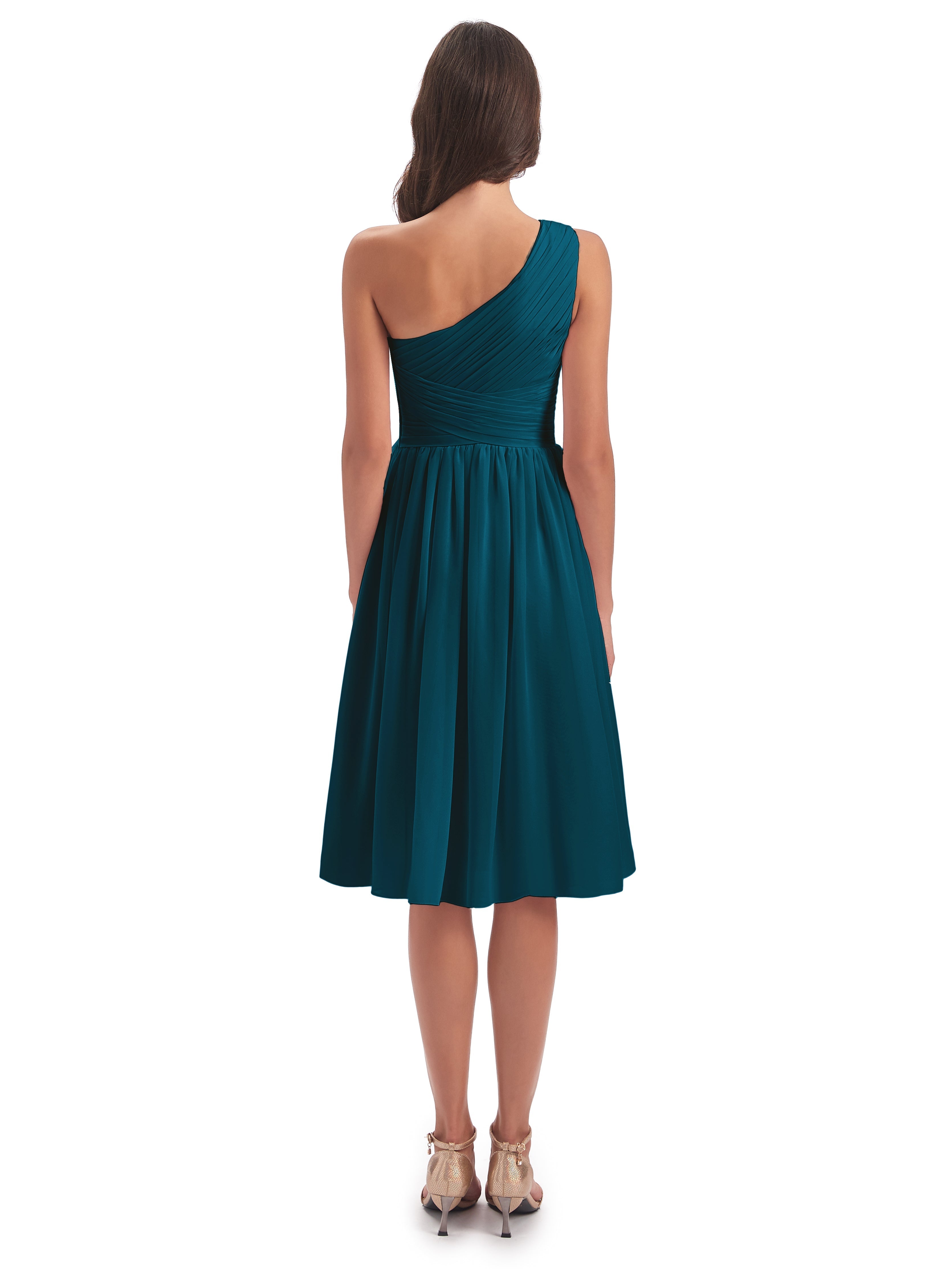 Robe De Demoiselle D'Honneur Bleu Encre Seule-Épaule Longueur Genou Mousseline Robes Demoiselle D'Honneur