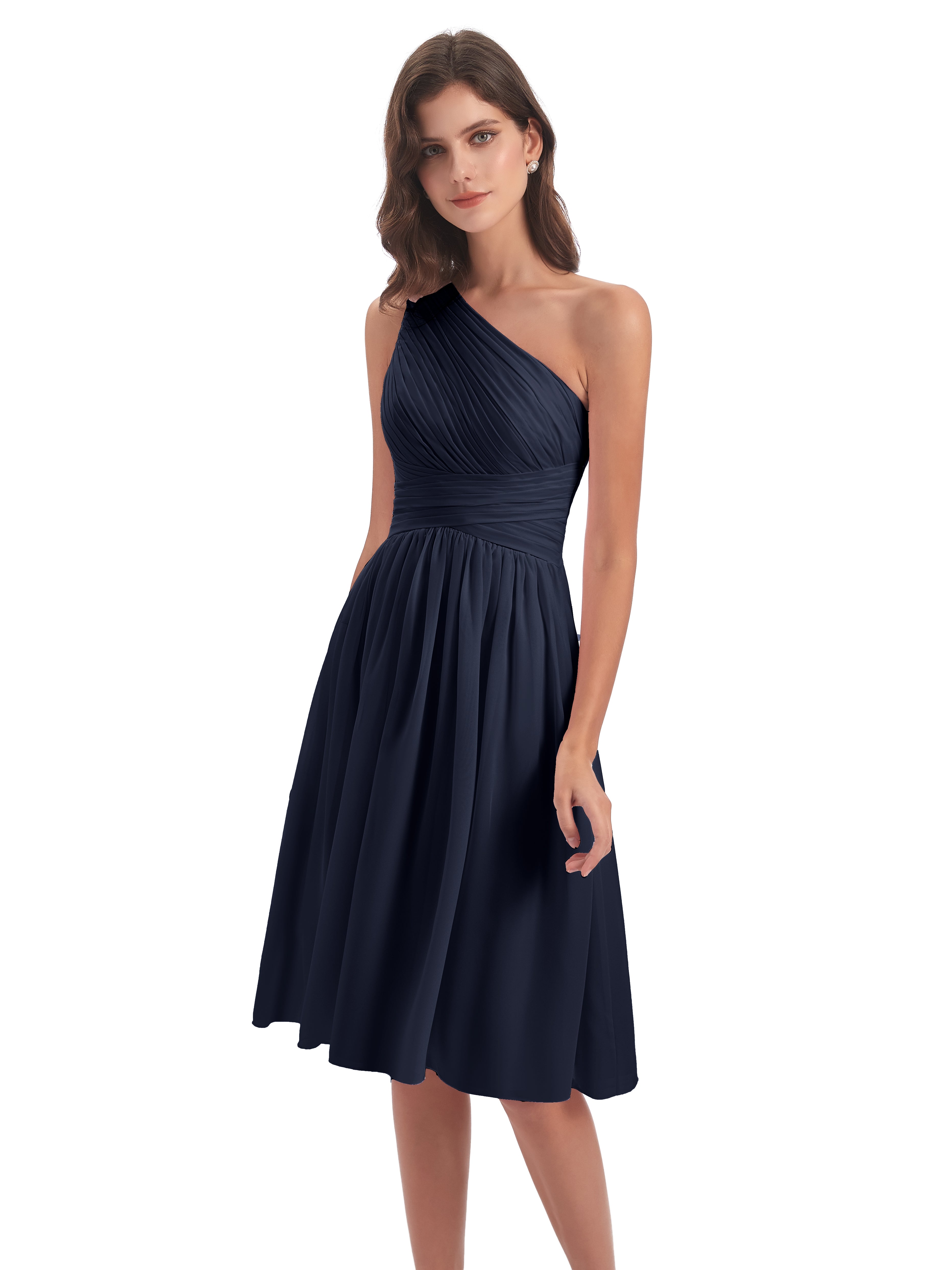 Robe Bleu Marine Demoiselle D Honneur Seule-Épaule Longueur Genou Mousseline Robes Demoiselle D'Honneur