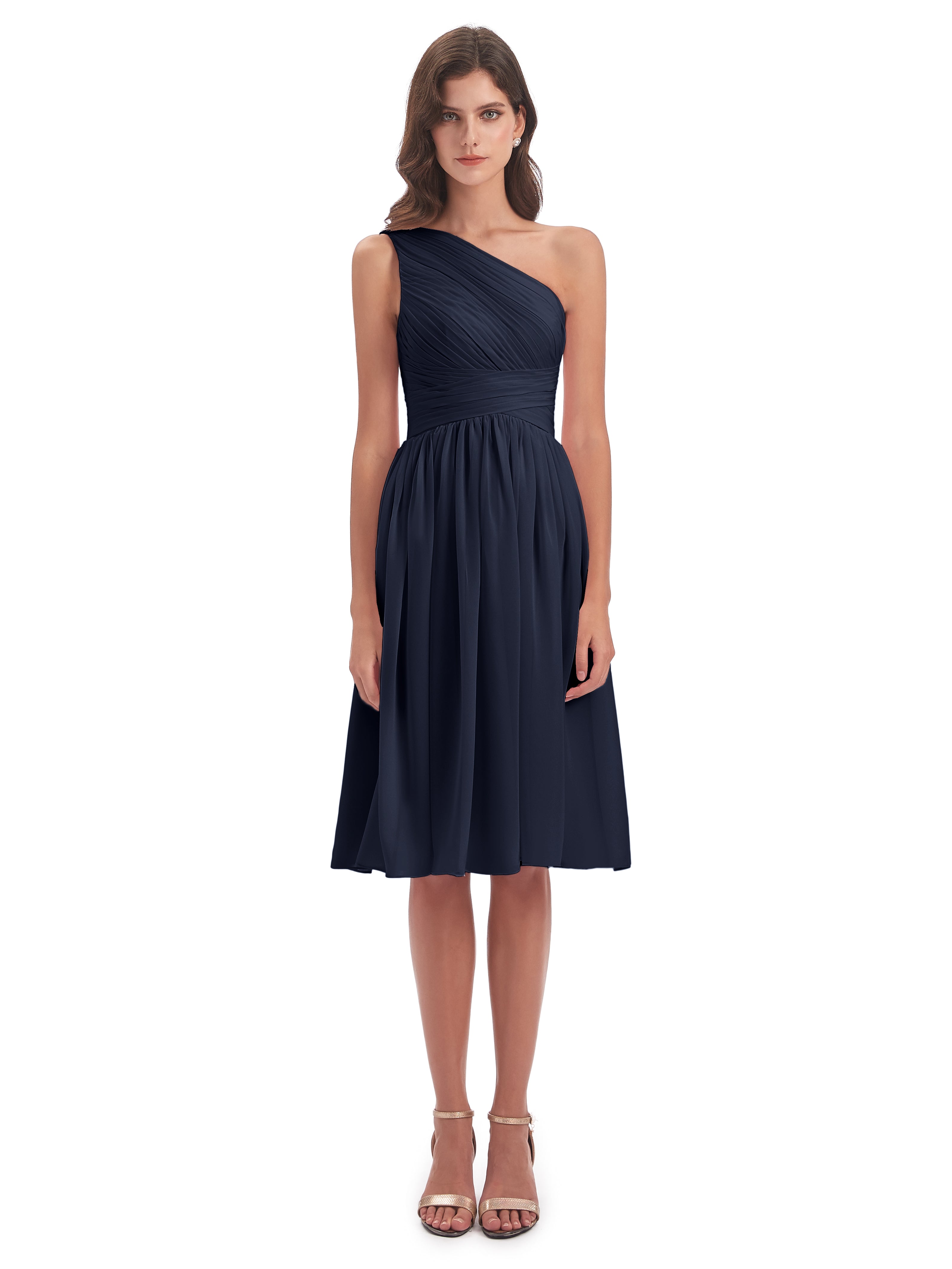 Robe Bleu Marine Demoiselle D Honneur Seule-Épaule Longueur Genou Mousseline Robes Demoiselle D'Honneur
