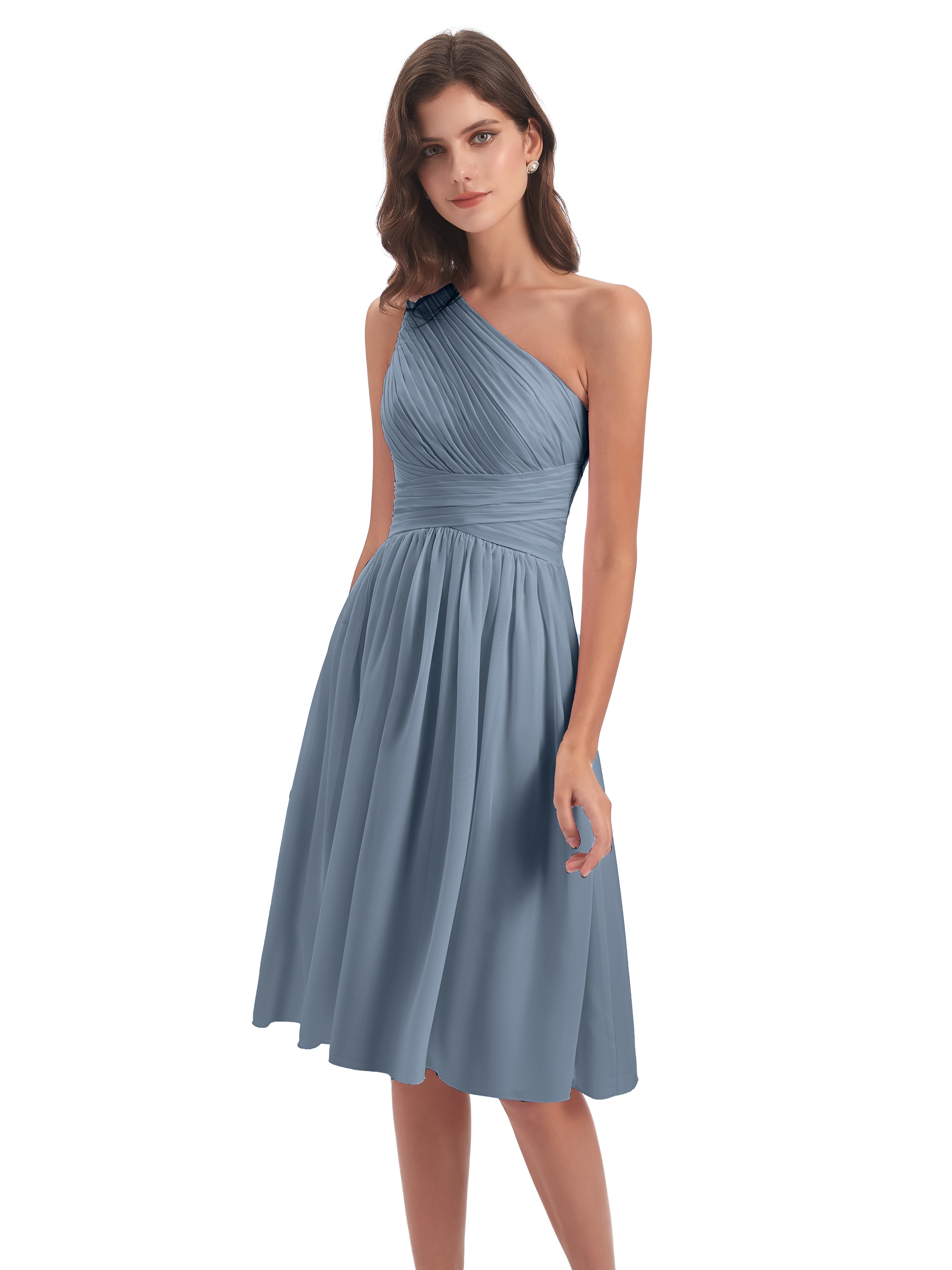 Robe Demoiselle D Honneur Bleu Poussiereux Seule-Épaule Longueur Genou Mousseline Robes Demoiselle D'Honneur