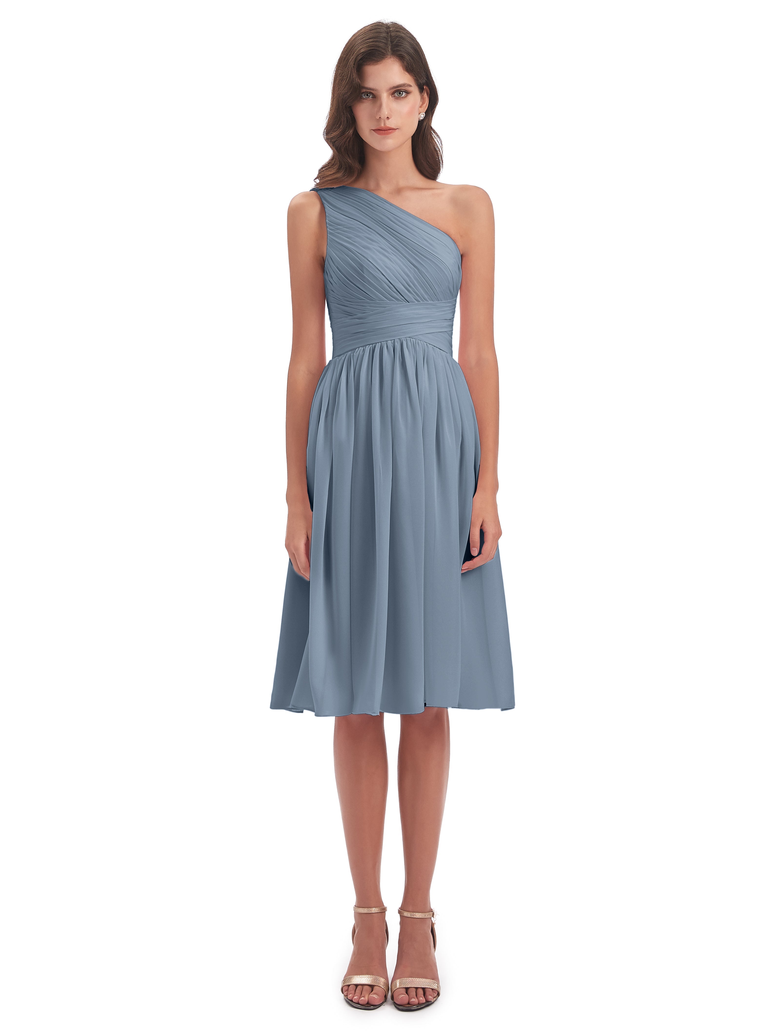 Robe Demoiselle D Honneur Bleu Poussiereux Seule-Épaule Longueur Genou Mousseline Robes Demoiselle D'Honneur