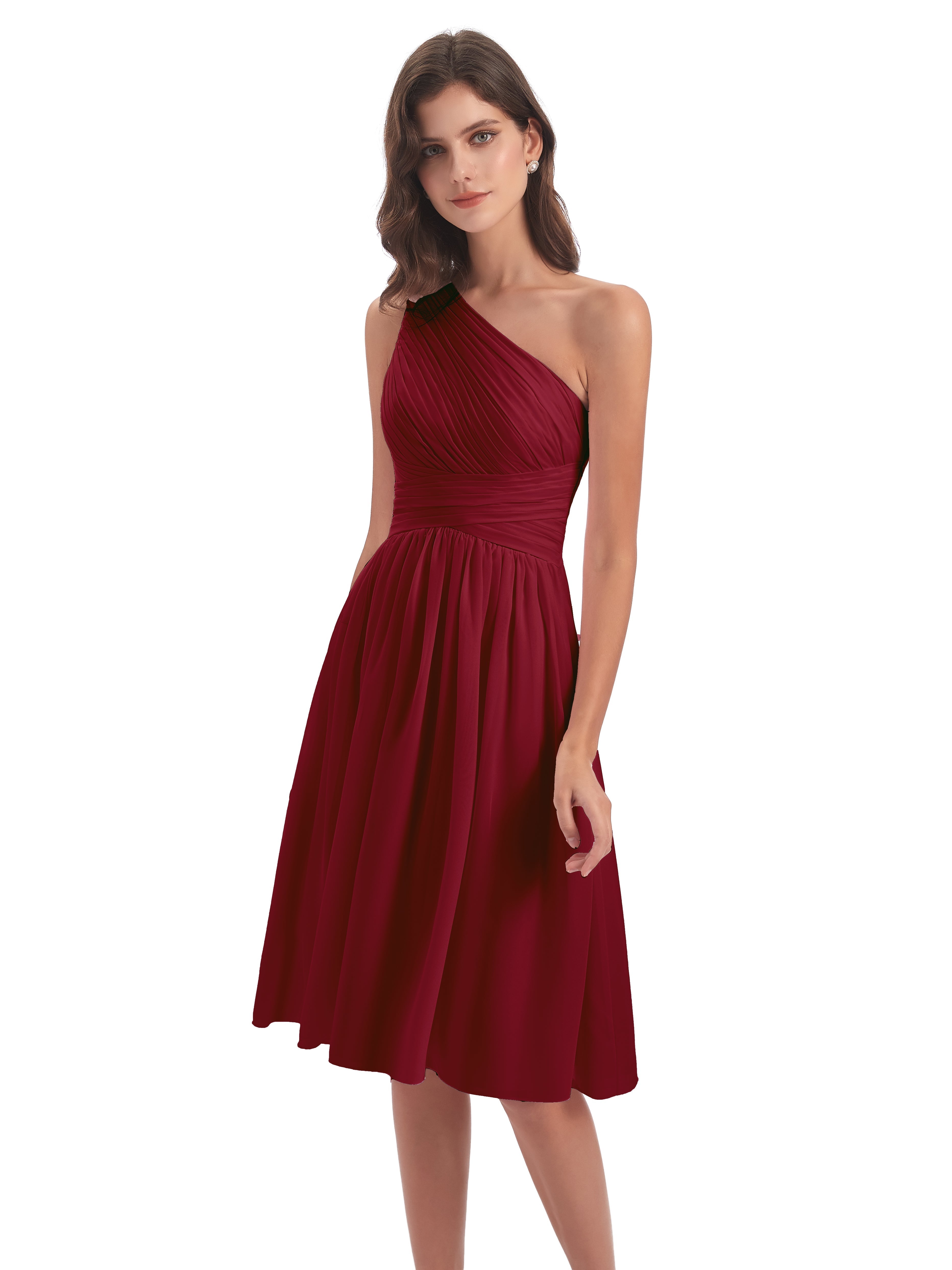 Robe De Demoiselle D Honneur Bordeaux Seule-Épaule Longueur Genou Mousseline Robes Demoiselle D'Honneur