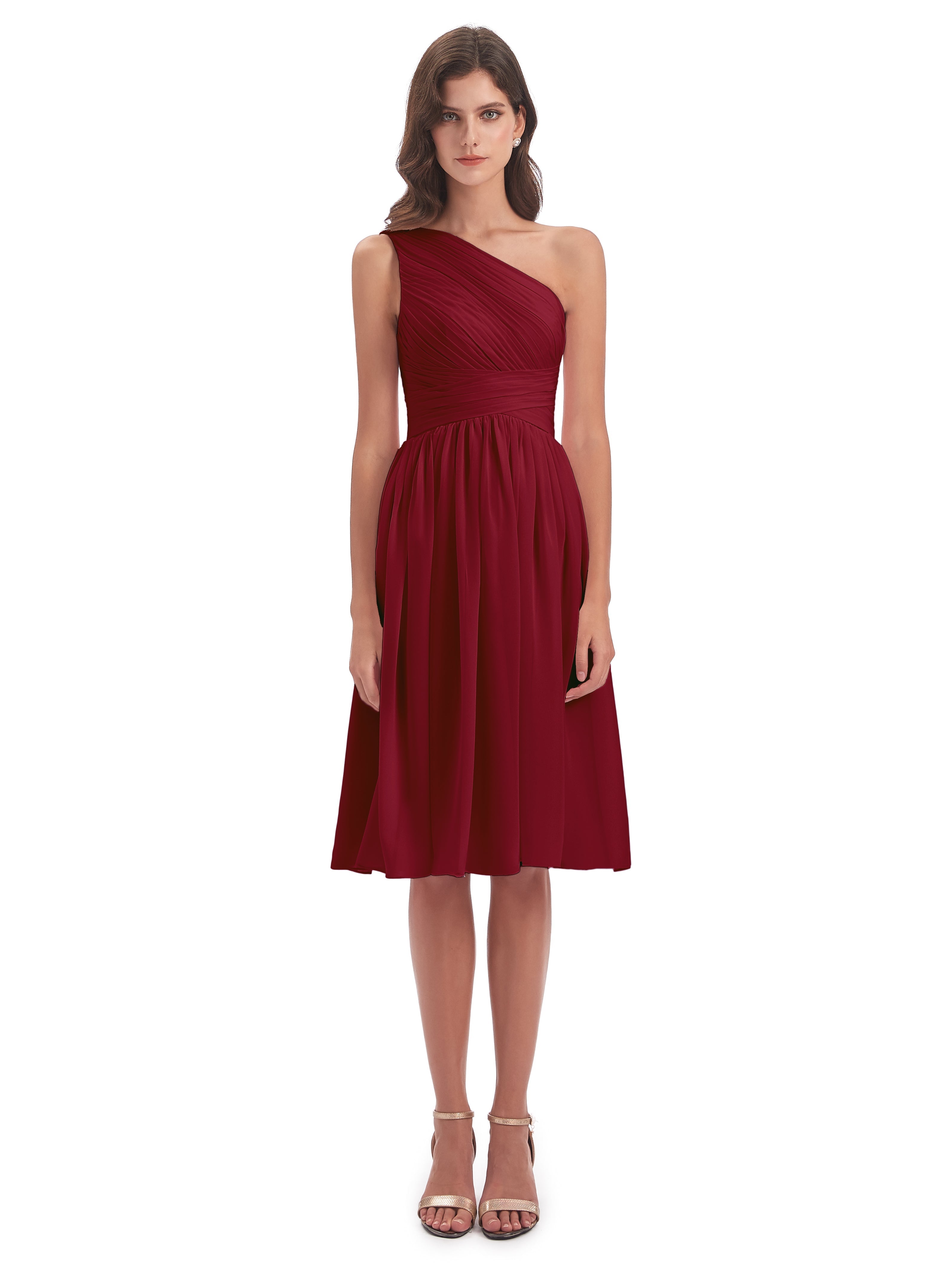 Robe De Demoiselle D Honneur Bordeaux Seule-Épaule Longueur Genou Mousseline Robes Demoiselle D'Honneur