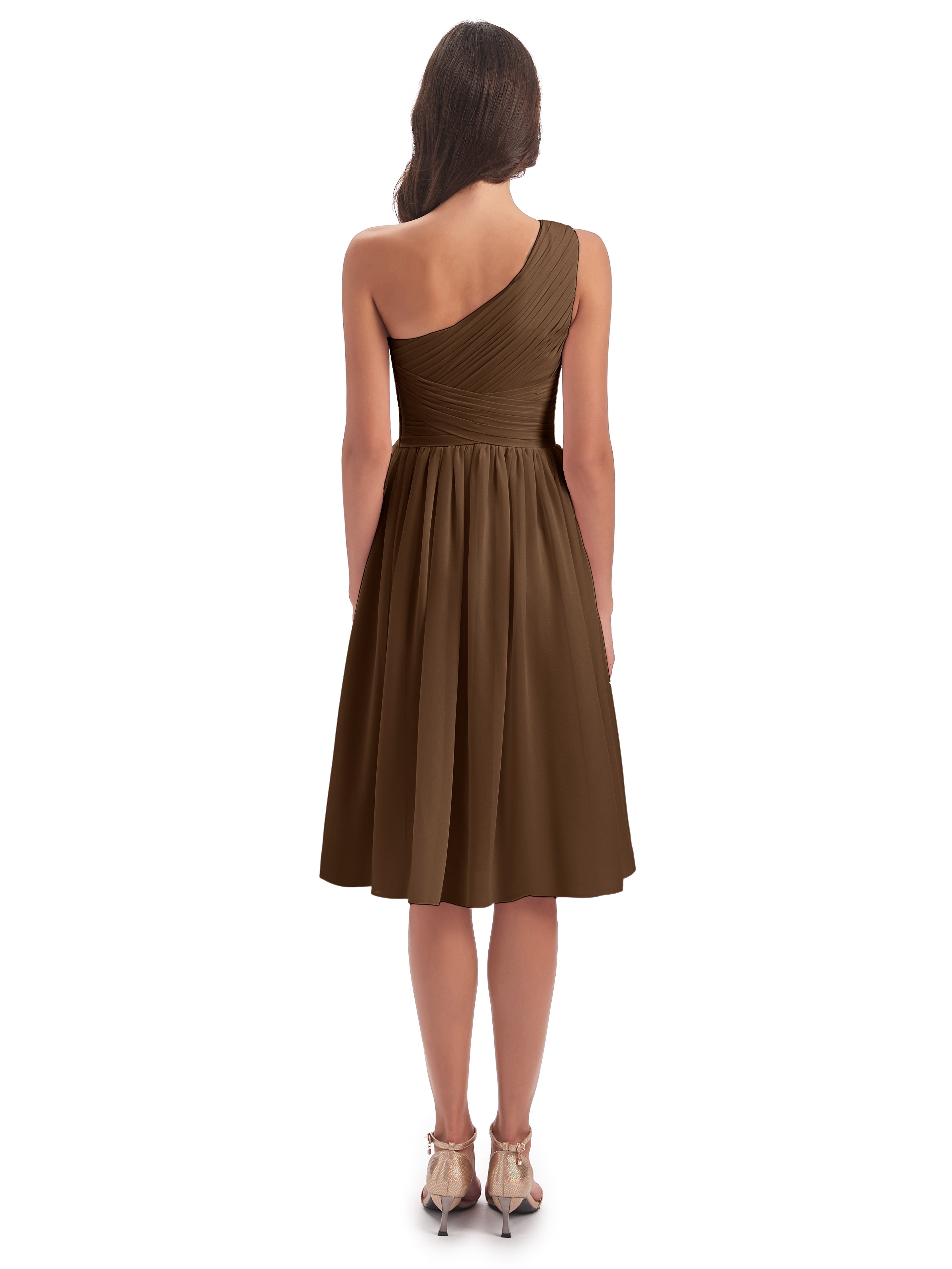 Robes De Demoiselle D'Honneur Brun Seule-Épaule Longueur Genou Mousseline Robes Demoiselle D'Honneur