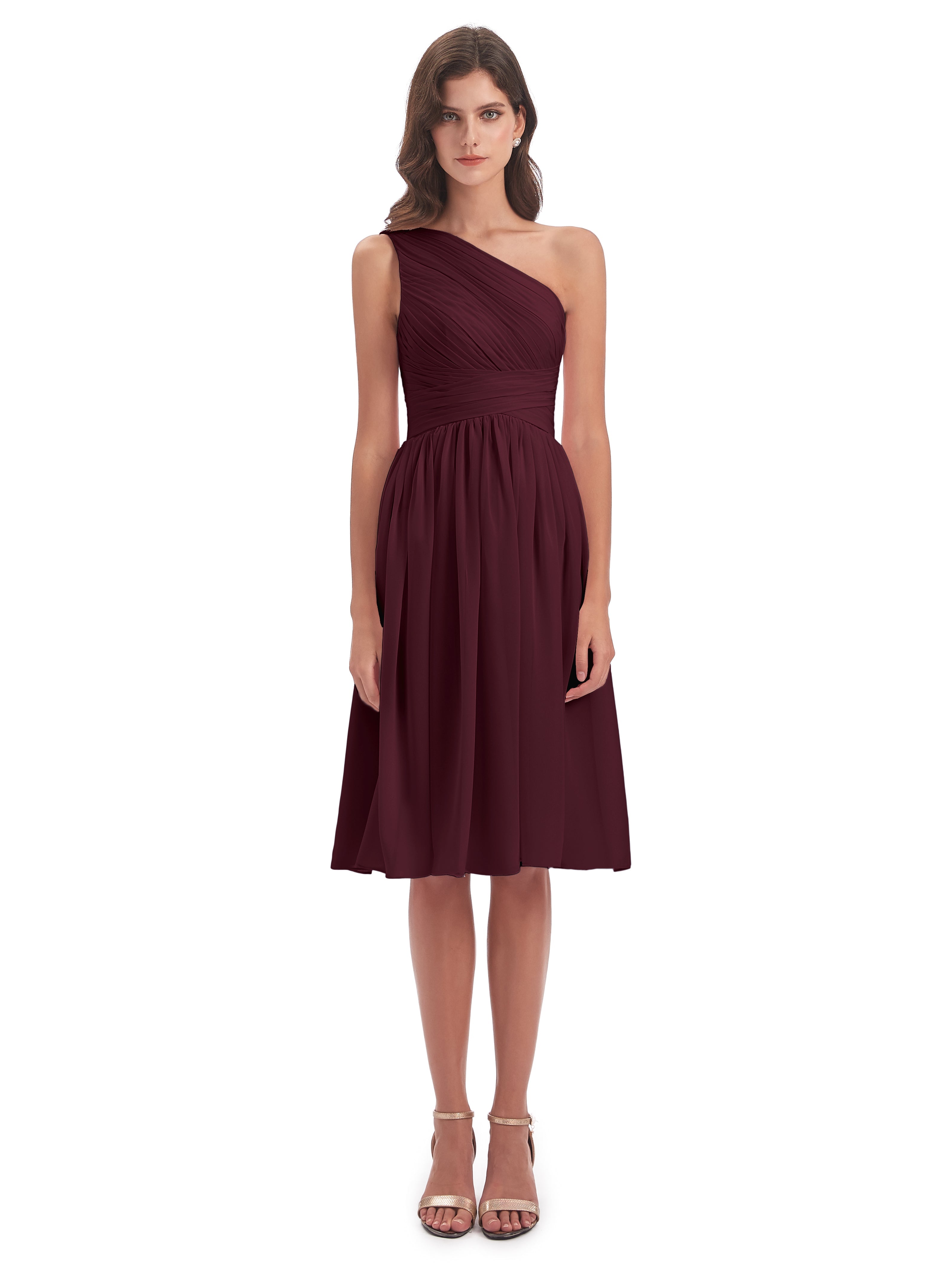 Robes De Demoiselle D'Honneur Cabernet Seule-Épaule Longueur Genou Mousseline Robes Demoiselle D'Honneur