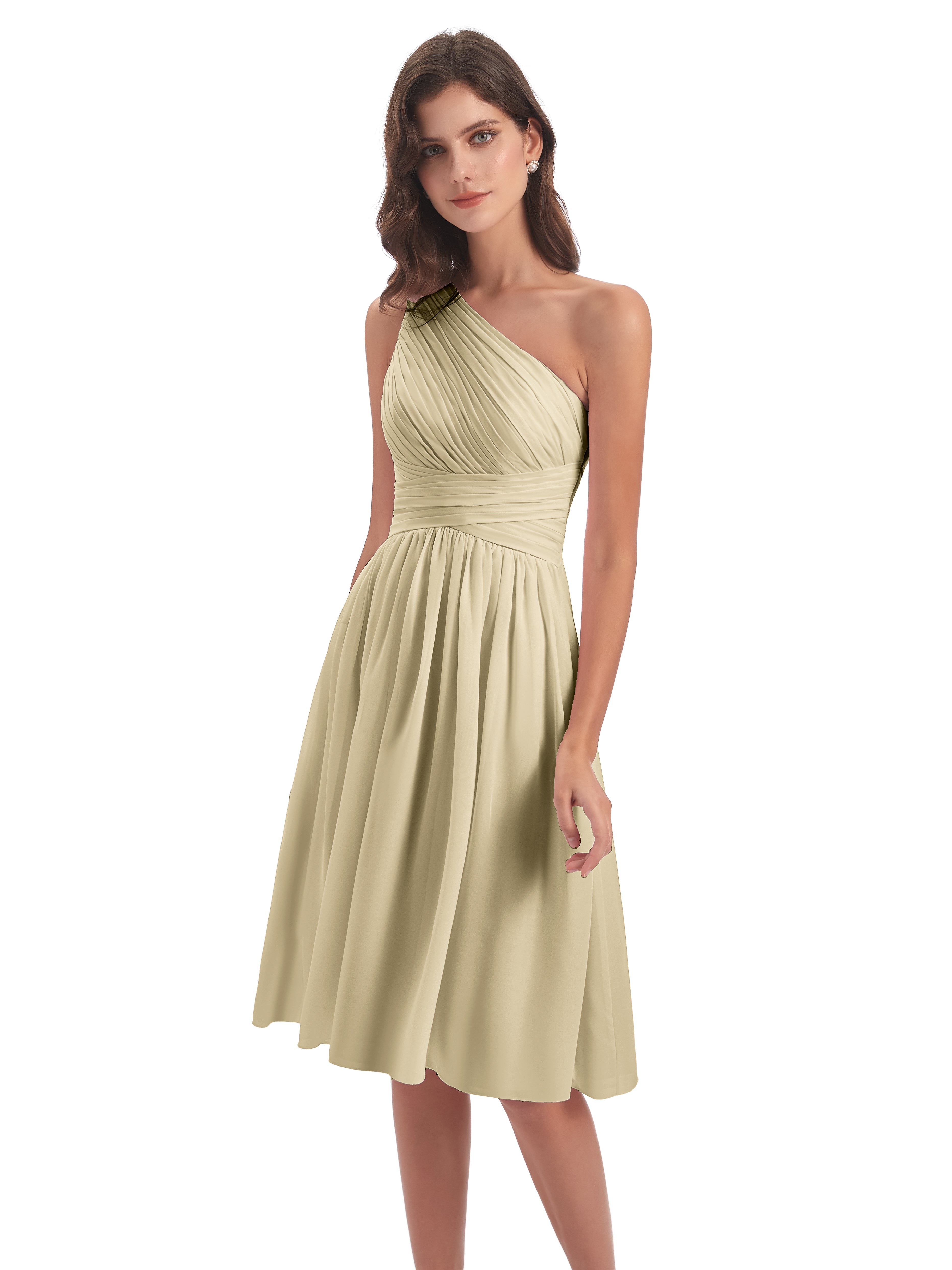 Robe Demoiselle D Honneur Courte Champagne Seule-Épaule Longueur Genou Mousseline Robes Demoiselle D'Honneur