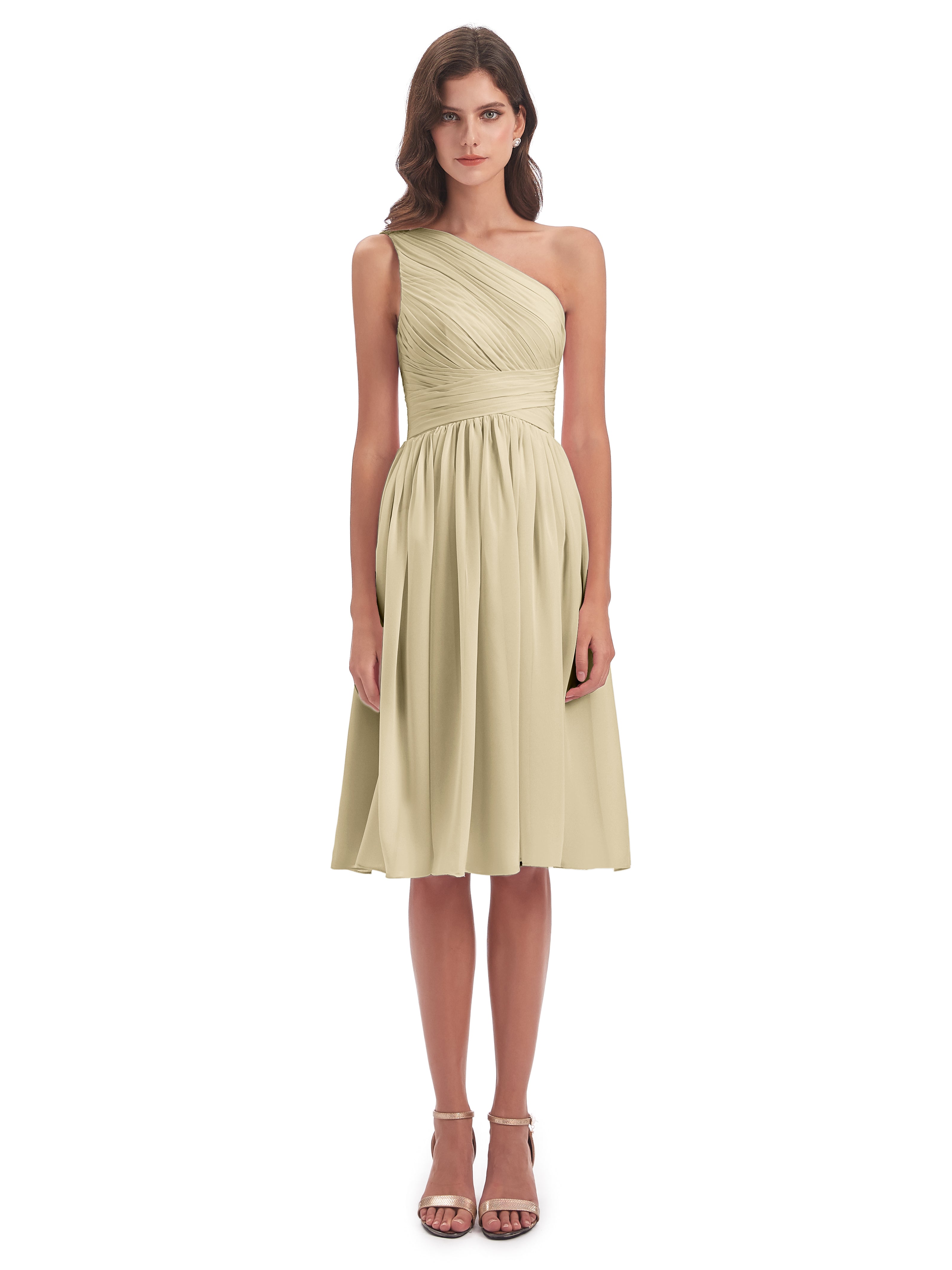 Robe Demoiselle D Honneur Courte Champagne Seule-Épaule Longueur Genou Mousseline Robes Demoiselle D'Honneur