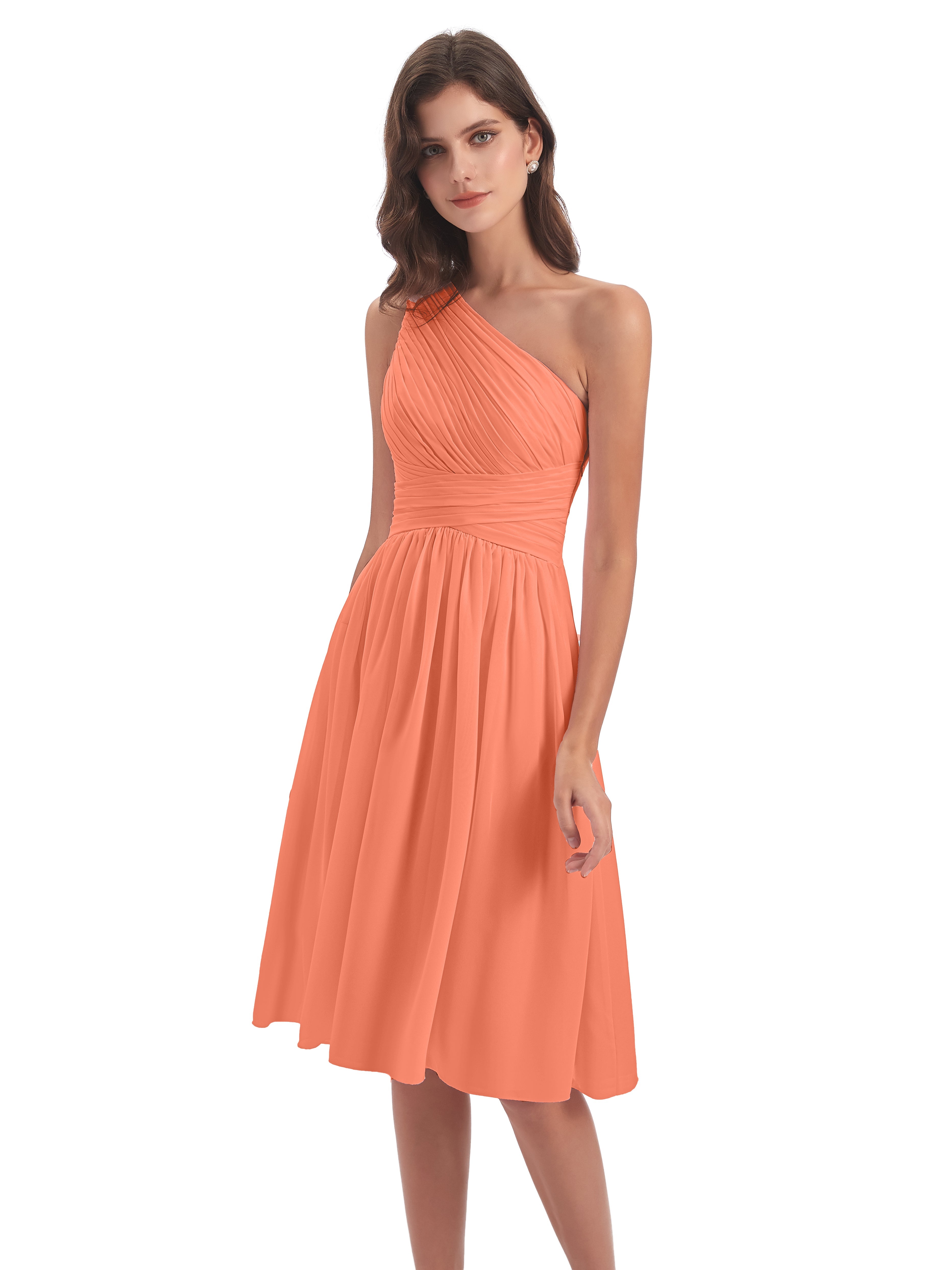 Robes De Demoiselle D'Honneur Coucher De Soleil Seule-Épaule Longueur Genou Mousseline Robes Demoiselle D'Honneur