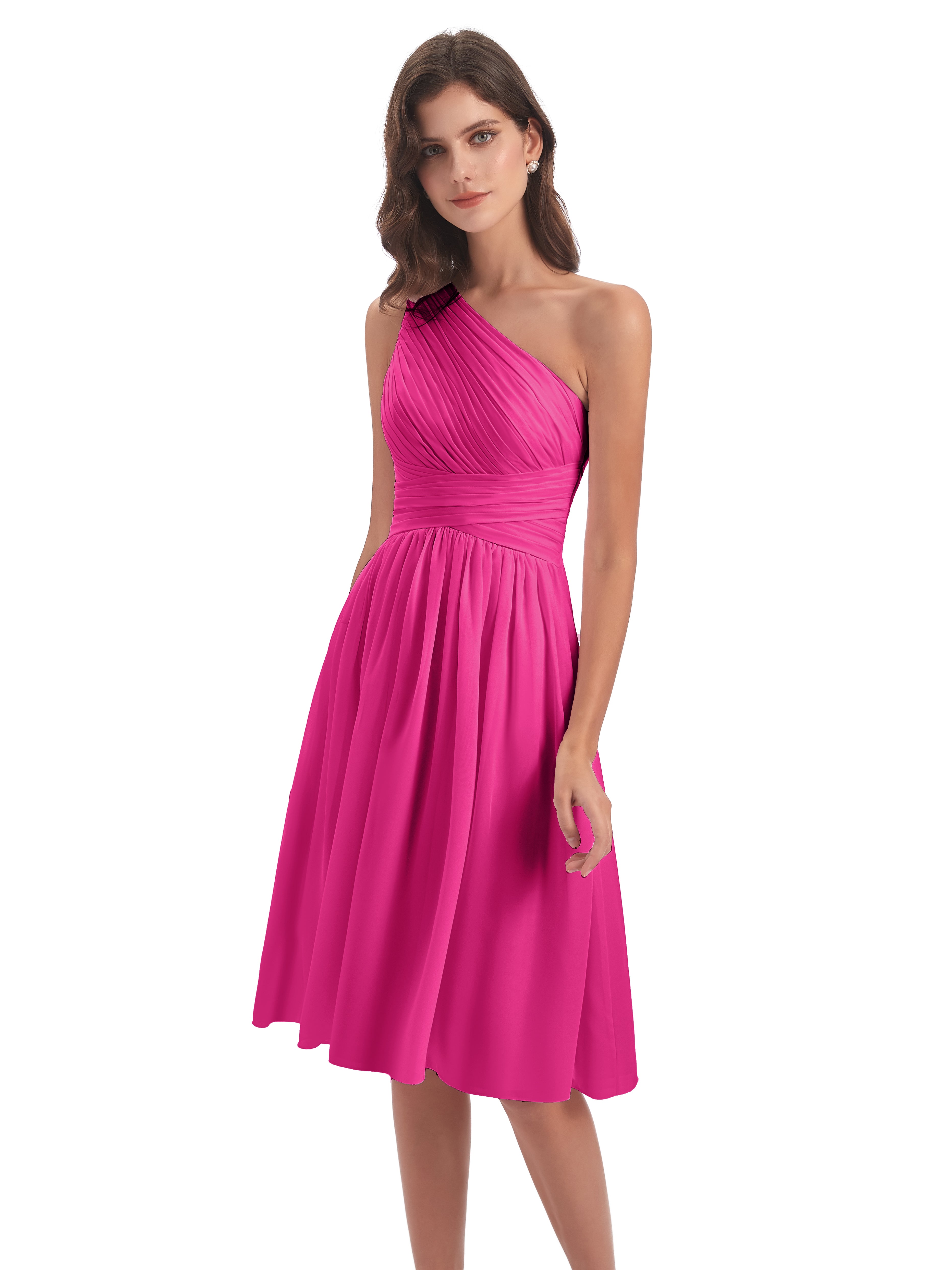 Robes De Demoiselle D'Honneur Couleur Rose Fuchsia Seule-Épaule Longueur Genou Mousseline Robes Demoiselle D'Honneur
