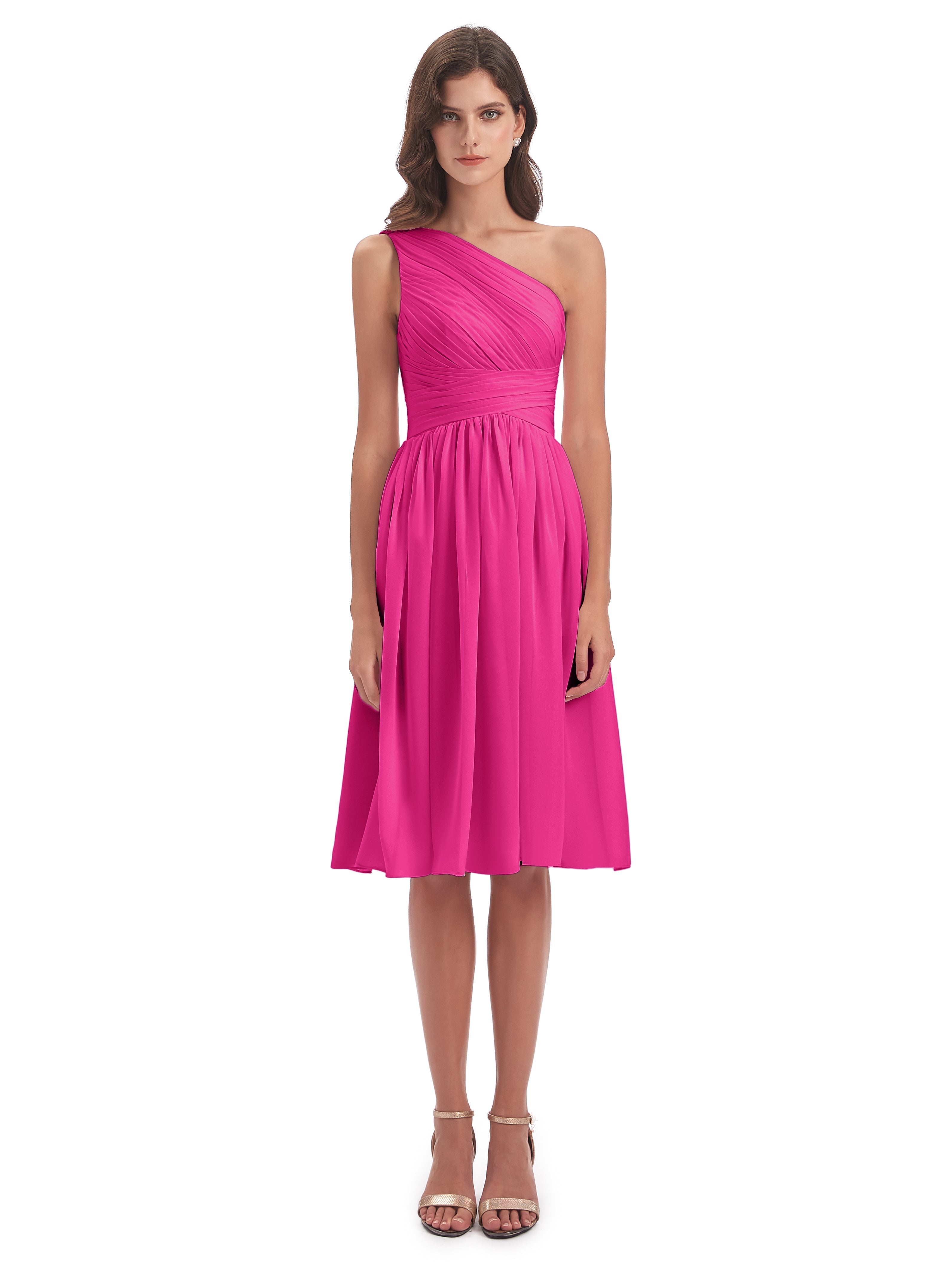 Robes De Demoiselle D'Honneur Couleur Rose Fuchsia Seule-Épaule Longueur Genou Mousseline Robes Demoiselle D'Honneur