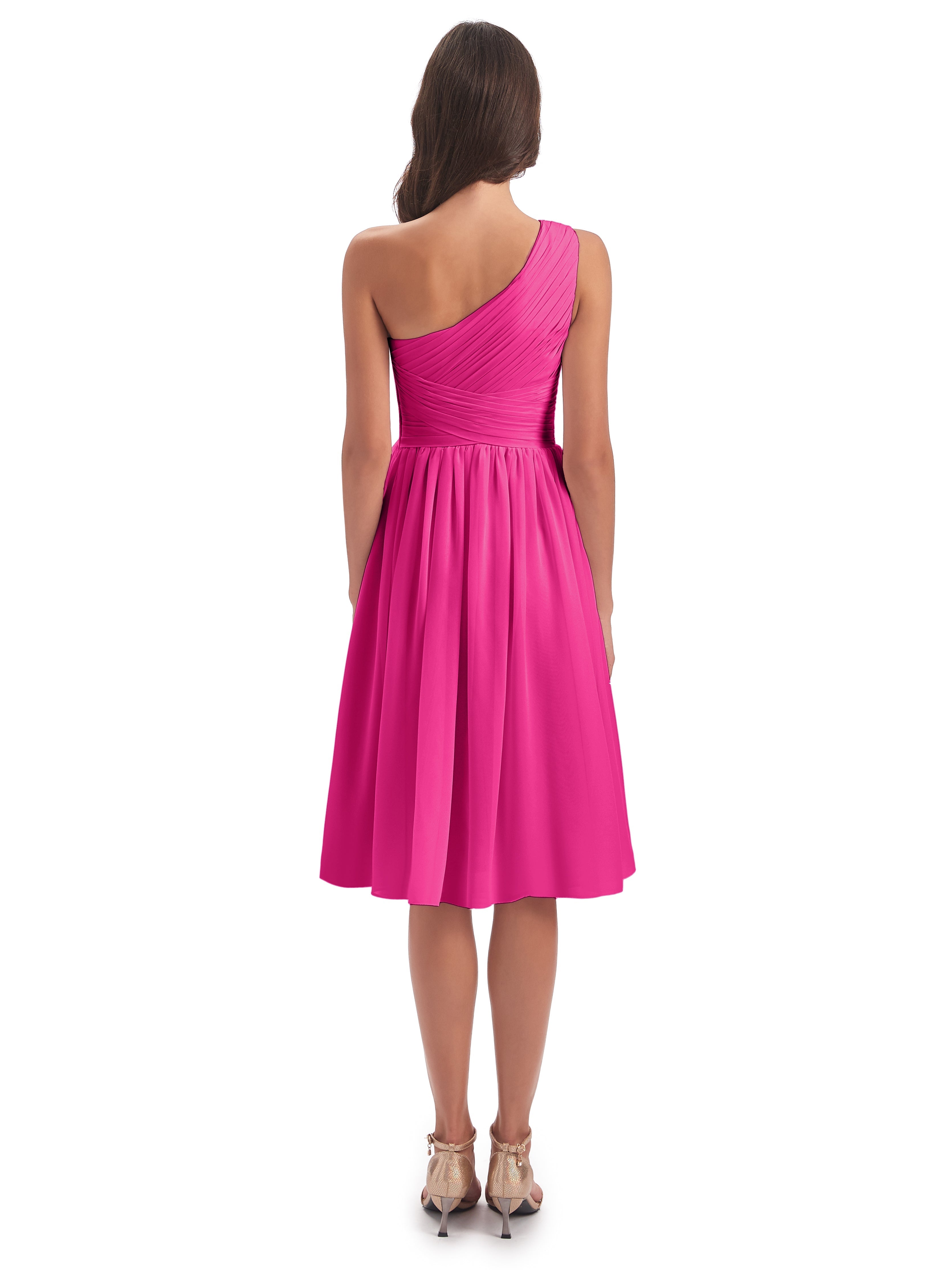 Robes De Demoiselle D'Honneur Couleur Rose Fuchsia Seule-Épaule Longueur Genou Mousseline Robes Demoiselle D'Honneur