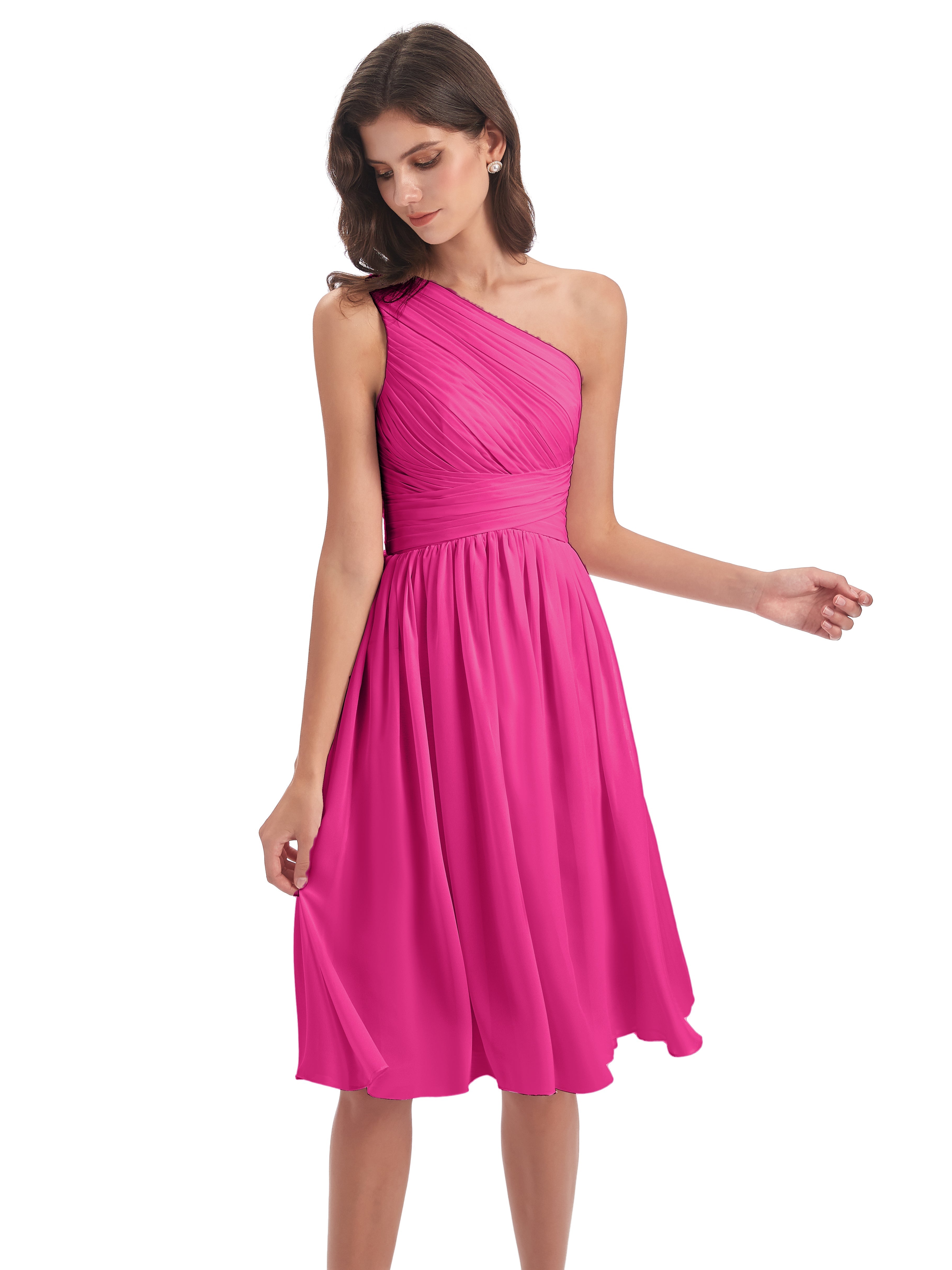Robes De Demoiselle D'Honneur Couleur Rose Fuchsia Seule-Épaule Longueur Genou Mousseline Robes Demoiselle D'Honneur