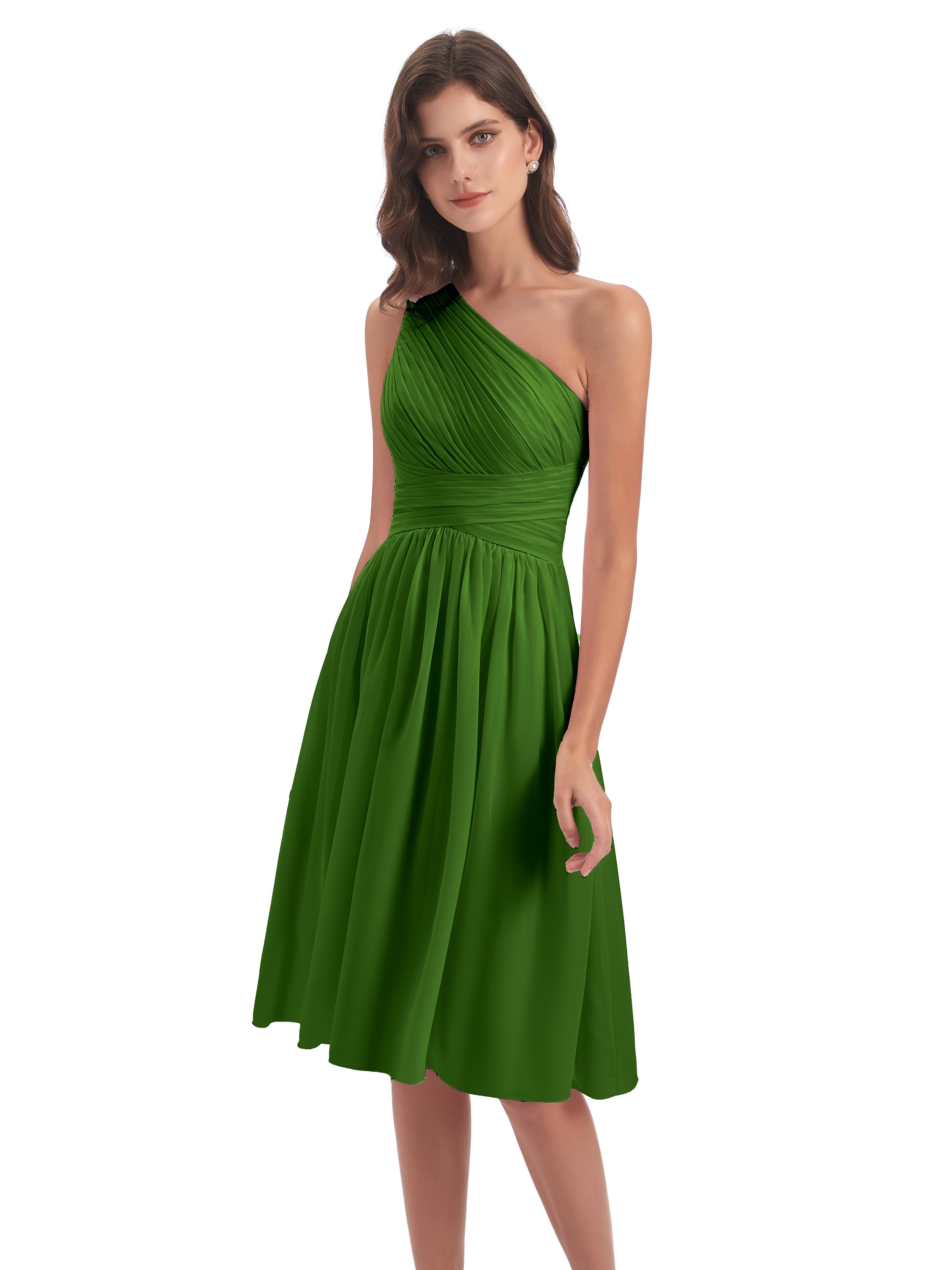 Robes De Demoiselle D'Honneur Vert Mousse Seule-Épaule Longueur Genou Mousseline Robes Demoiselle D'Honneur