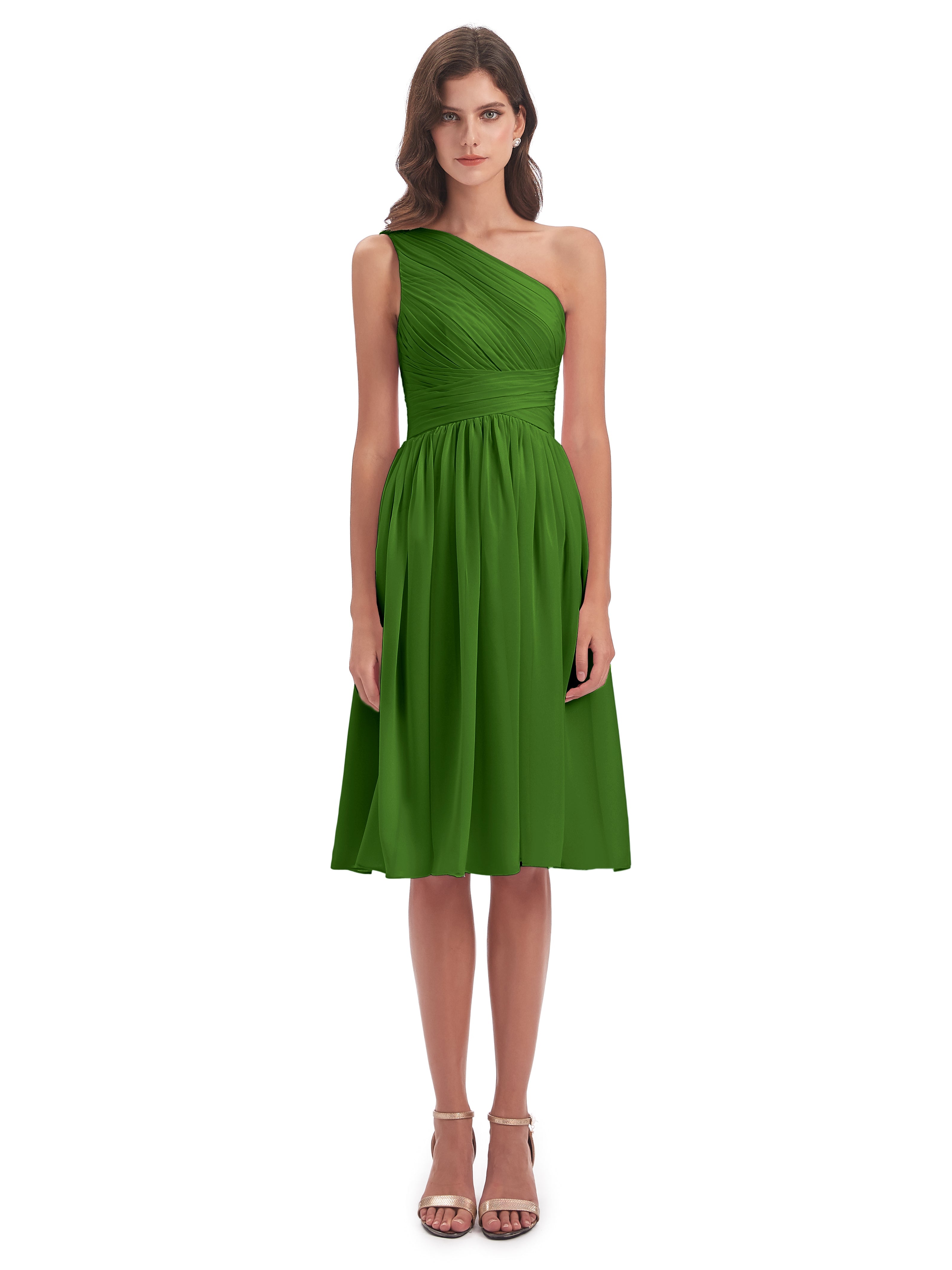 Robes De Demoiselle D'Honneur Vert Mousse Seule-Épaule Longueur Genou Mousseline Robes Demoiselle D'Honneur