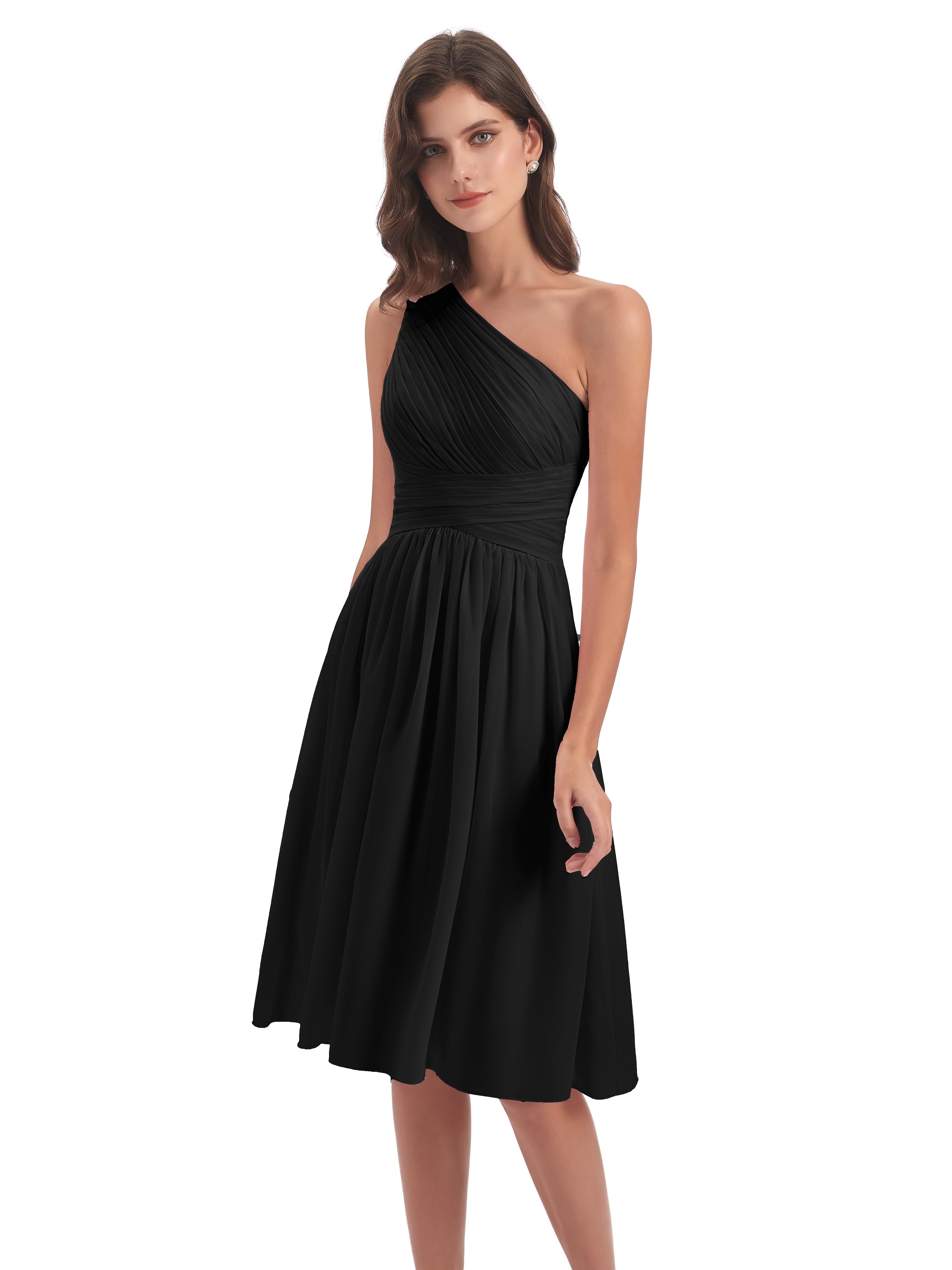 Demoiselle D Honneur Noir Seule-Épaule Longueur Genou Mousseline Robes Demoiselle D'Honneur