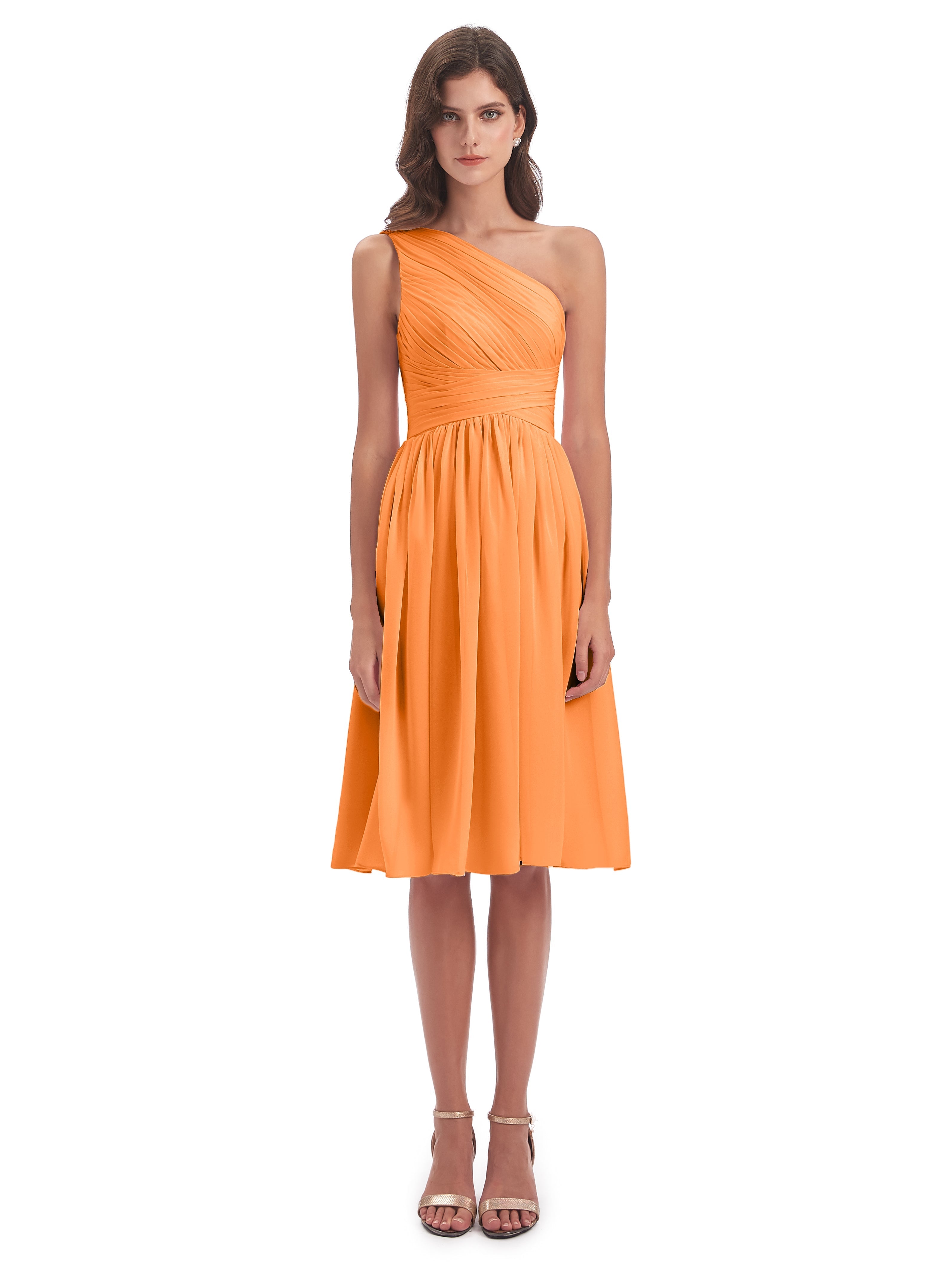 Robe Demoiselle D Honneur Orange Seule-Épaule Longueur Genou Mousseline Robes Demoiselle D'Honneur