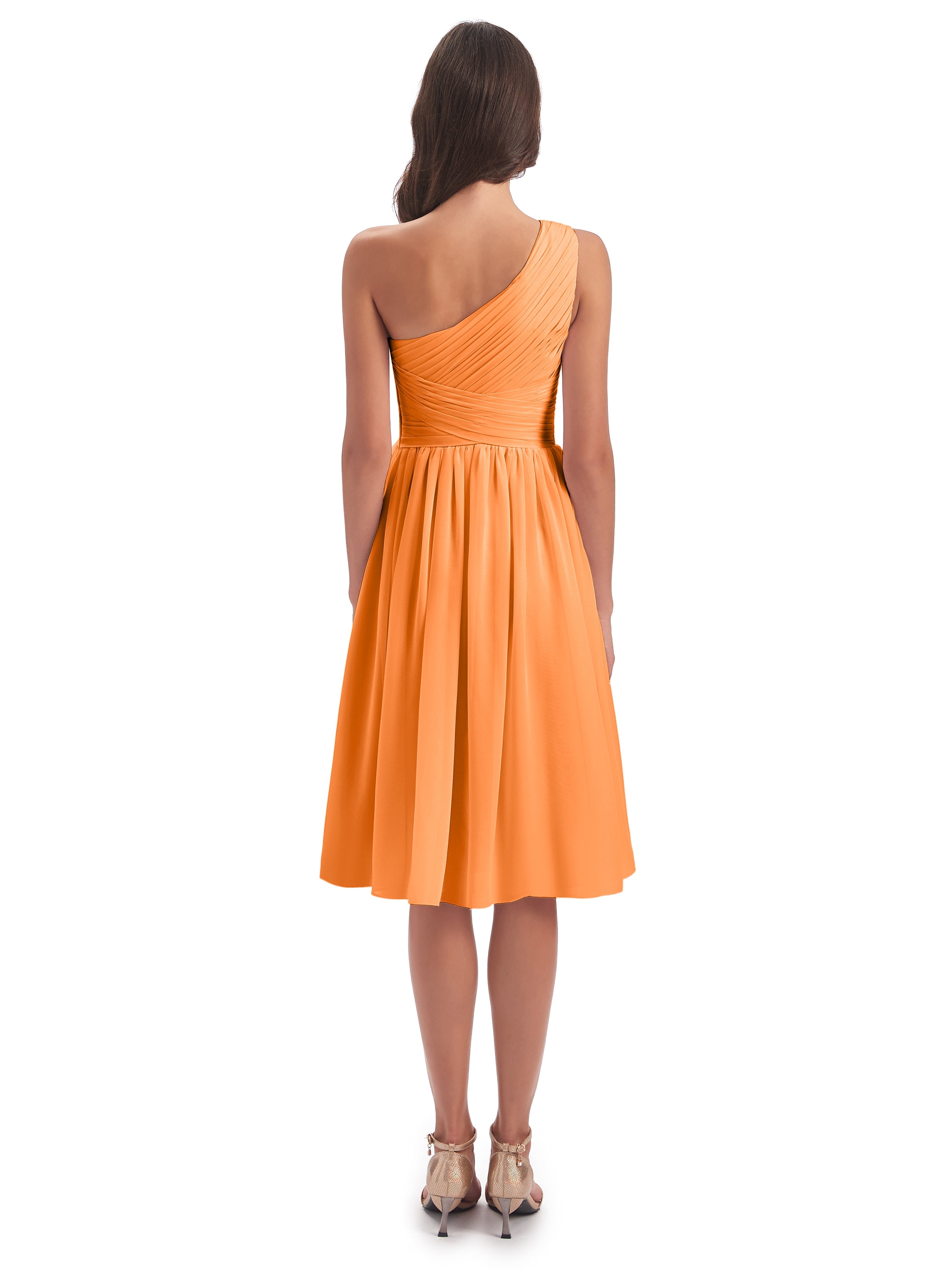 Robe Demoiselle D Honneur Orange Seule-Épaule Longueur Genou Mousseline Robes Demoiselle D'Honneur