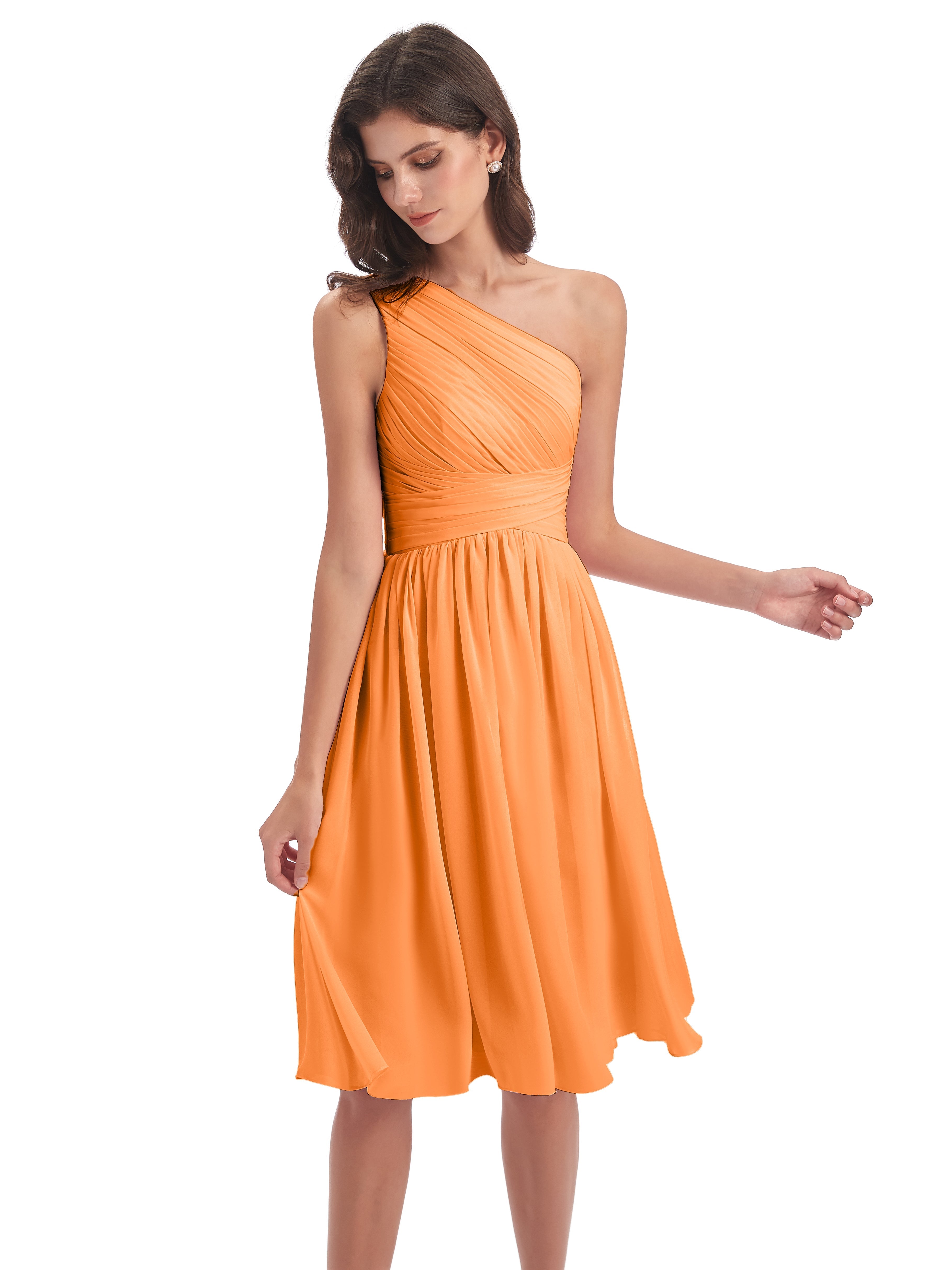 Robe Demoiselle D Honneur Orange Seule-Épaule Longueur Genou Mousseline Robes Demoiselle D'Honneur