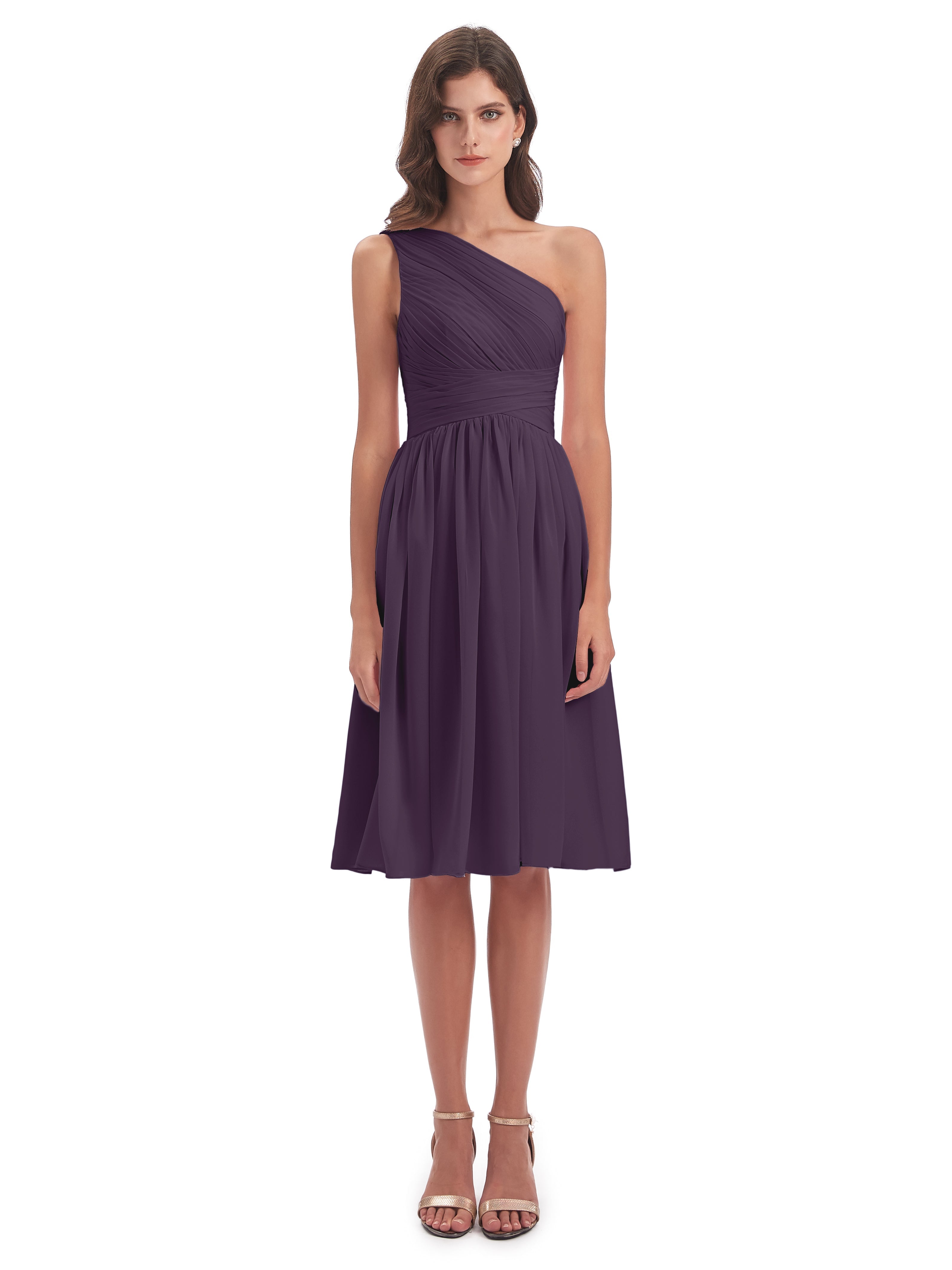 Robe De Demoiselle D'Honneur En Plum Seule-Épaule Longueur Genou Mousseline Robes Demoiselle D'Honneur