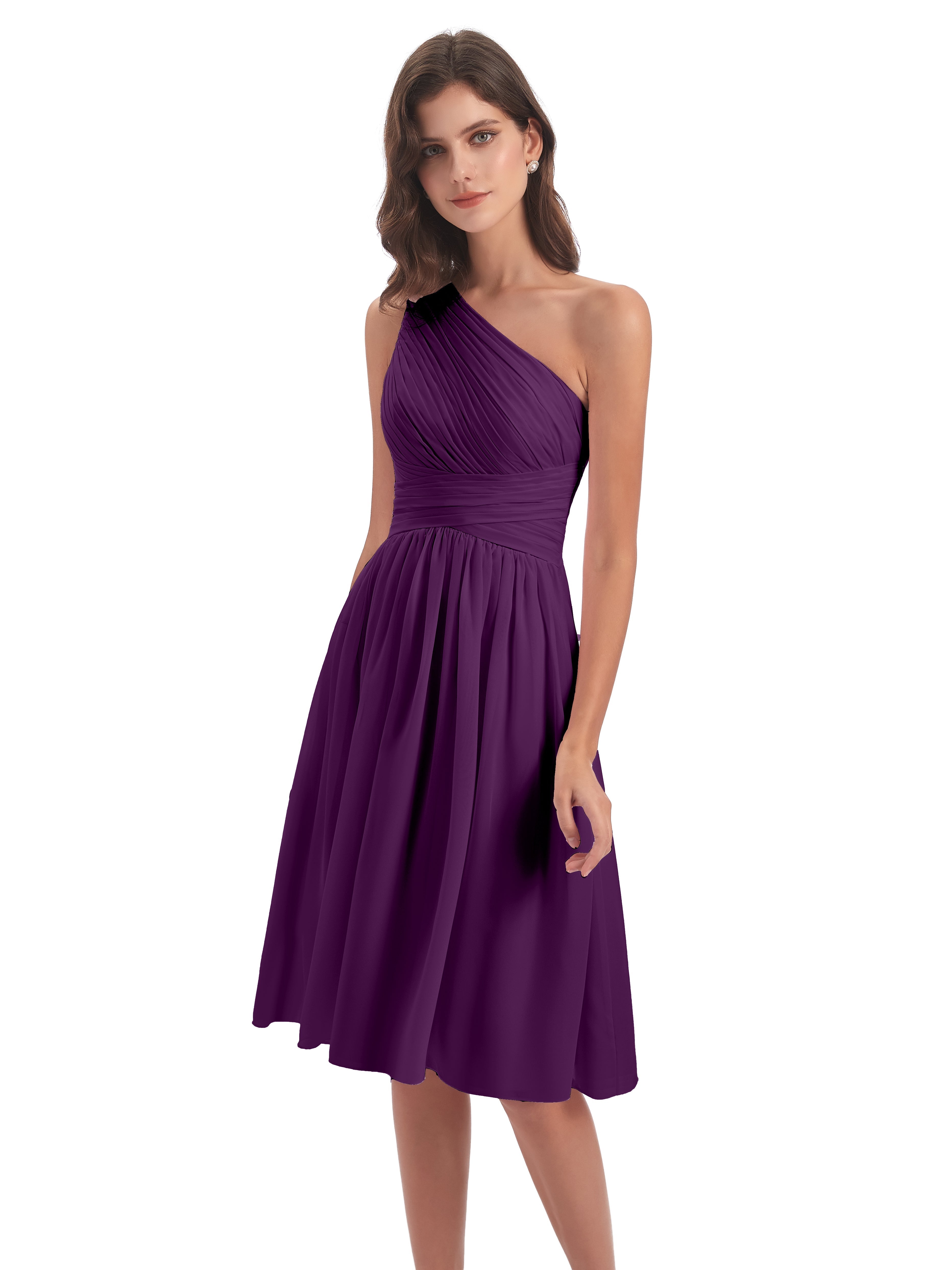 Robes De Demoiselle D'Honneur En Raisin Seule-Épaule Longueur Genou Mousseline Robes Demoiselle D'Honneur