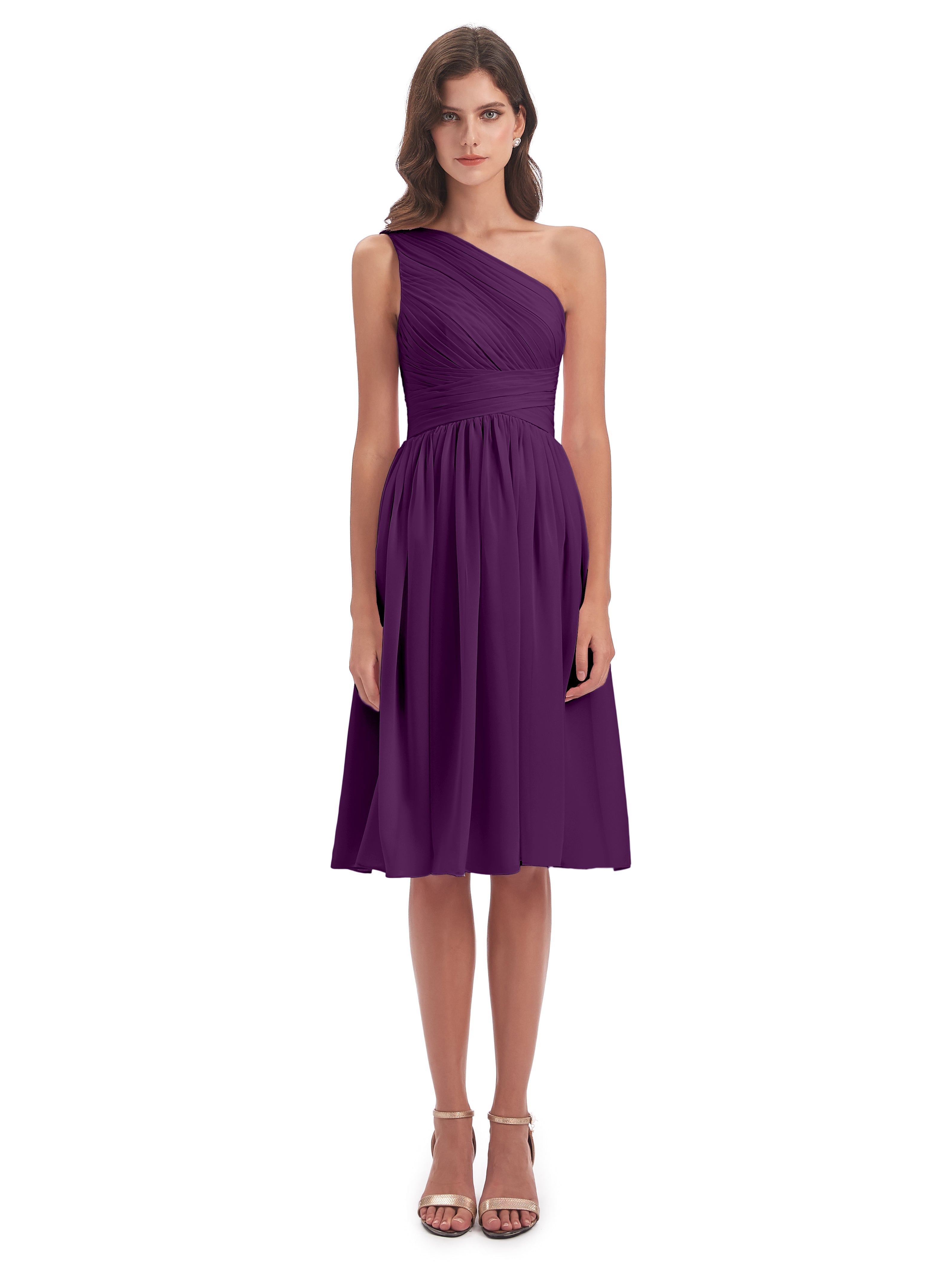 Robes De Demoiselle D'Honneur En Raisin Seule-Épaule Longueur Genou Mousseline Robes Demoiselle D'Honneur