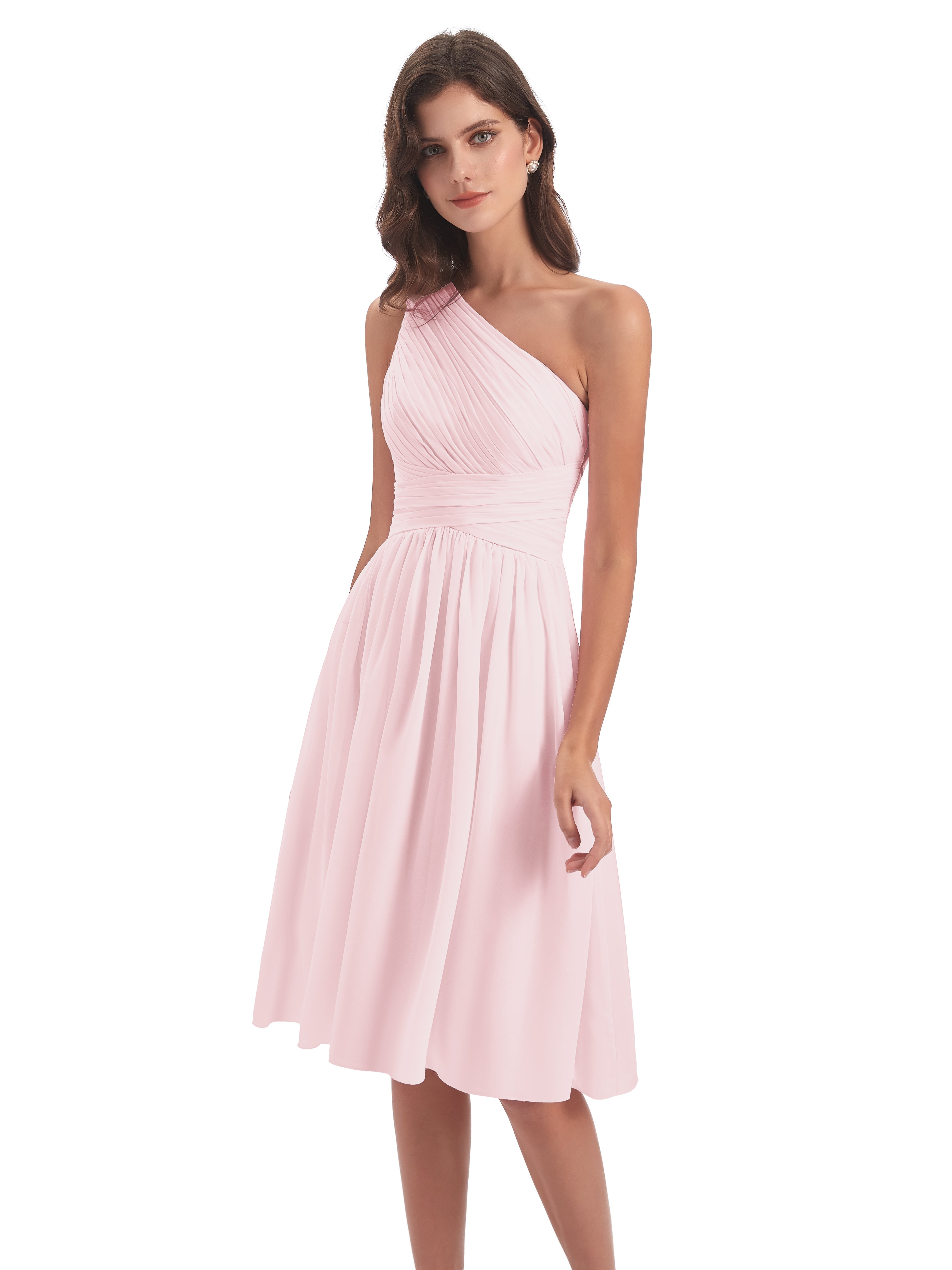 Robes Demoiselles D Honneur Rose Pale Seule-Épaule Longueur Genou Mousseline Robes Demoiselle D'Honneur