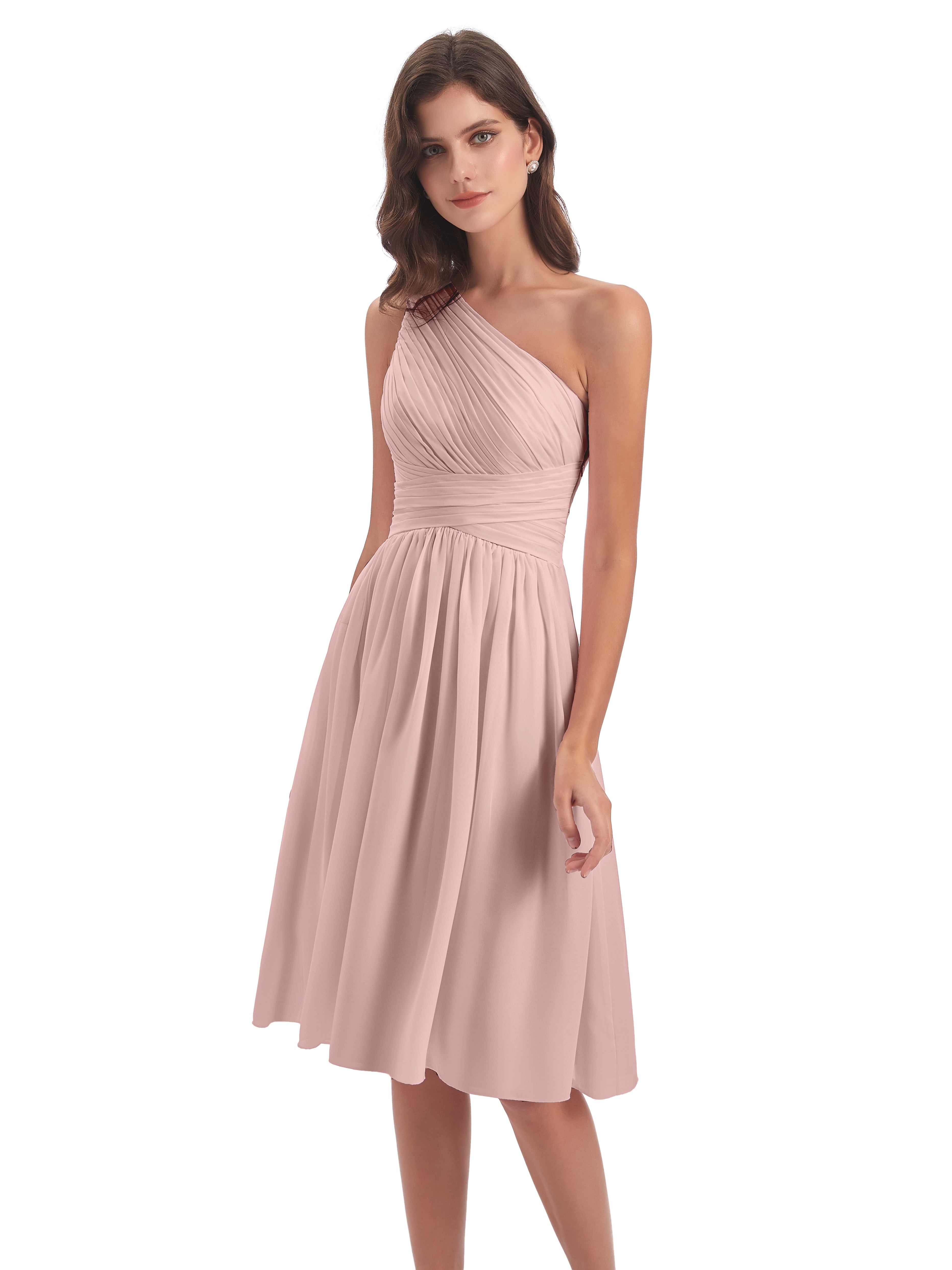 Robe Rose Poudré Mariage Courte Seule-Épaule Longueur Genou Mousseline Robes Demoiselle D'Honneur
