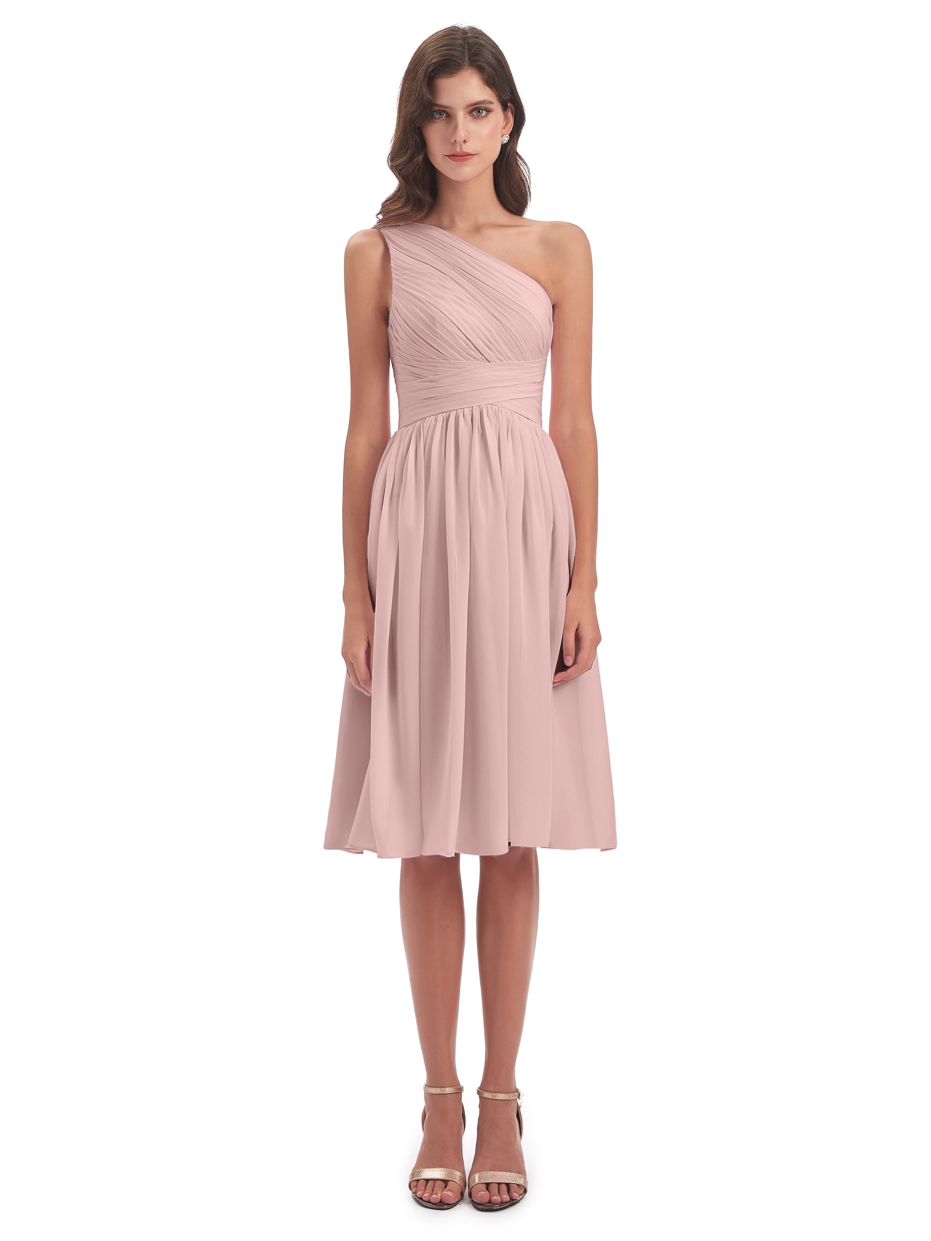 Robe Rose Poudré Mariage Courte Seule-Épaule Longueur Genou Mousseline Robes Demoiselle D'Honneur