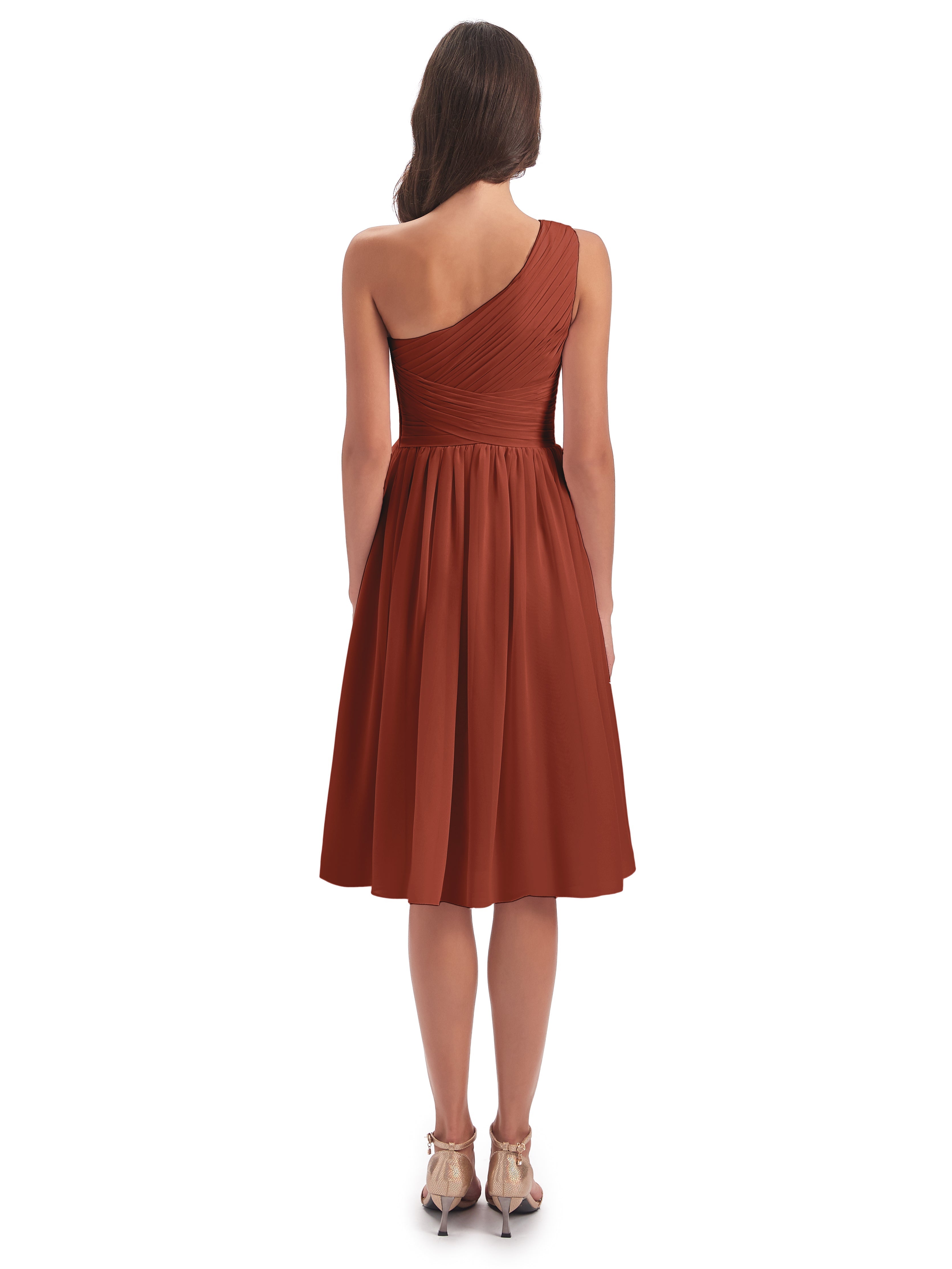 Robe Demoiselle D Honneur Rouille Seule-Épaule Longueur Genou Mousseline Robes Demoiselle D'Honneur