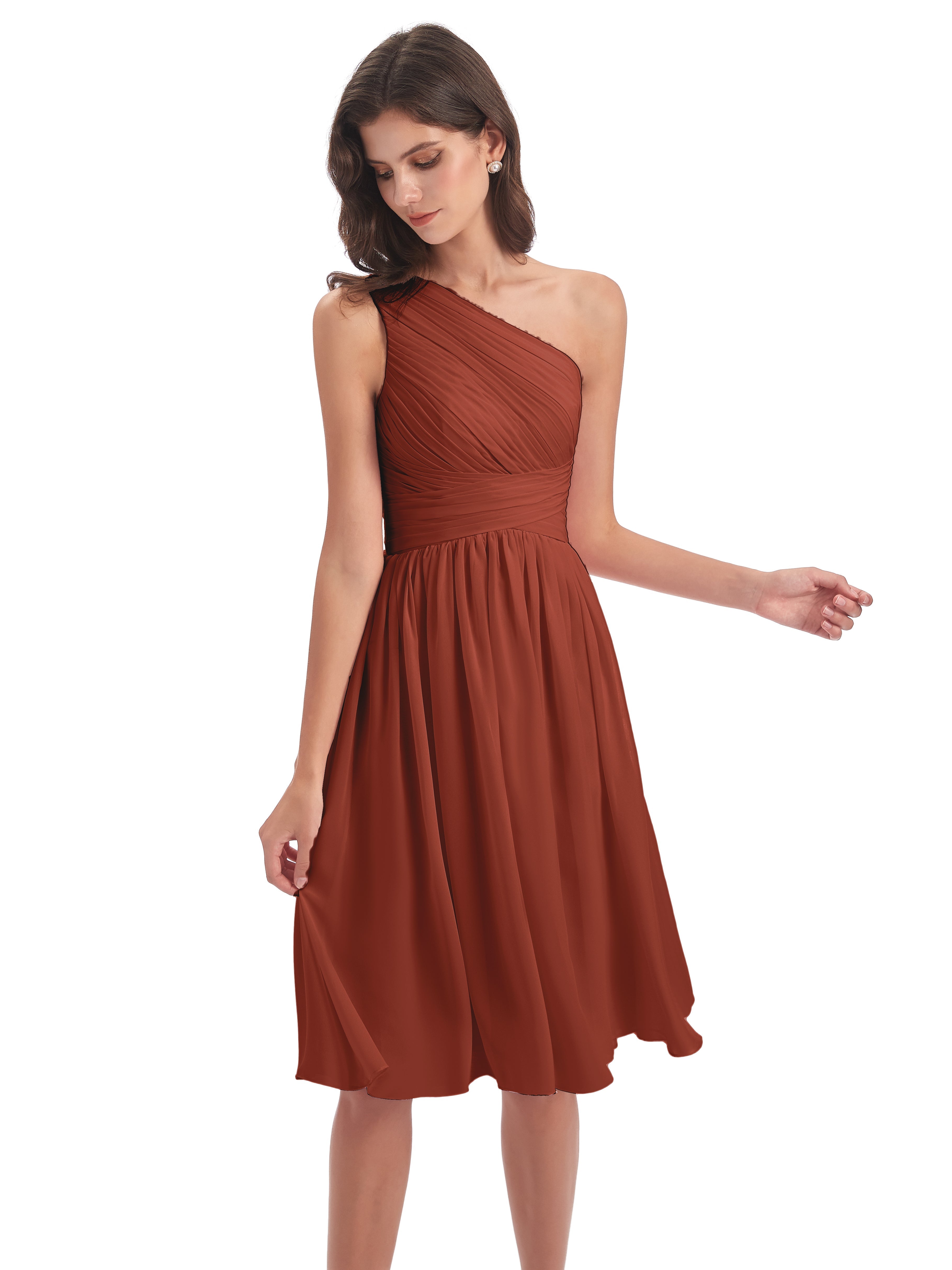 Robe Demoiselle D Honneur Rouille Seule-Épaule Longueur Genou Mousseline Robes Demoiselle D'Honneur
