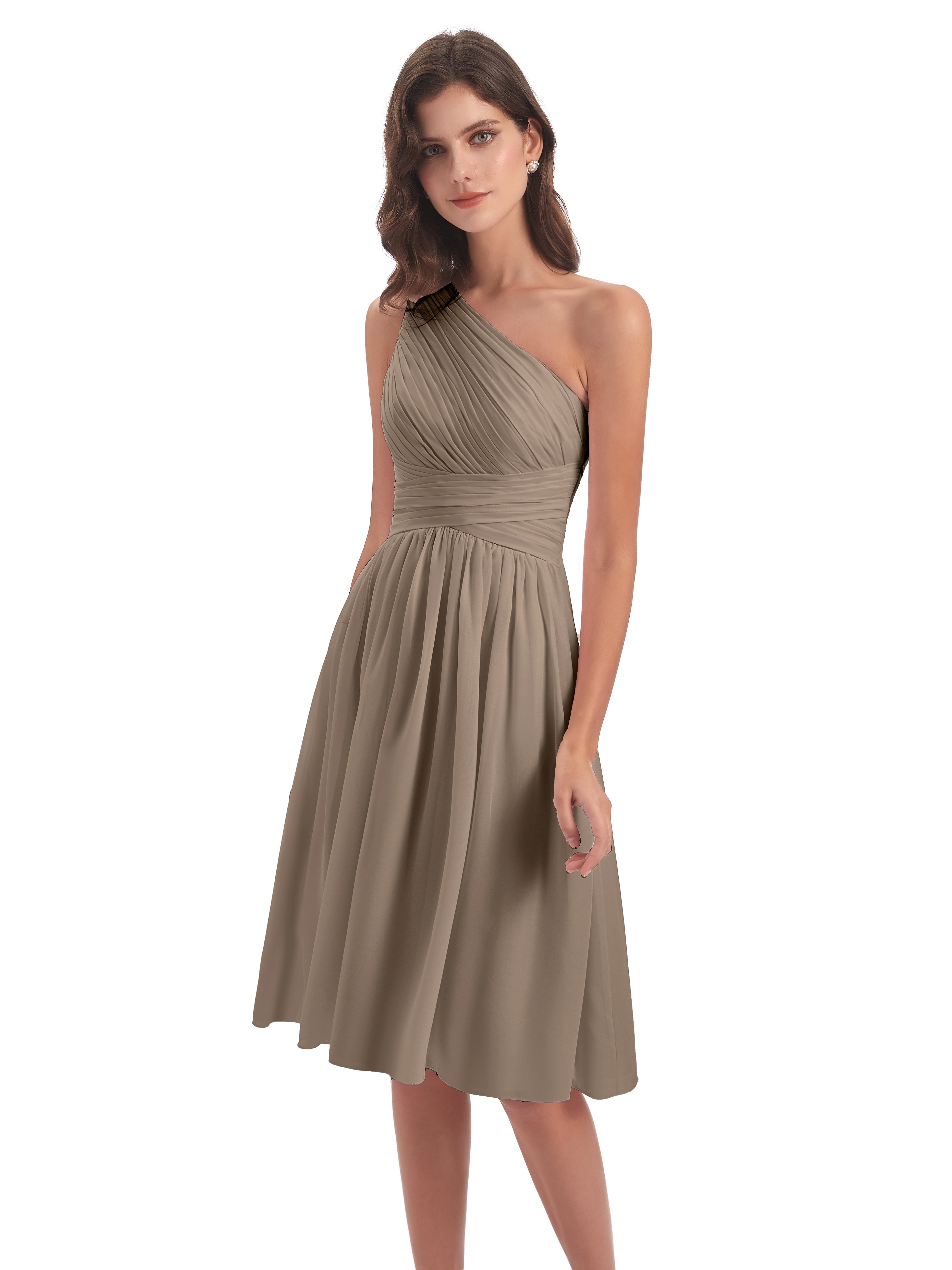 Robe Ceremonie Taupe Seule-Épaule Longueur Genou Mousseline Robes Demoiselle D'Honneur
