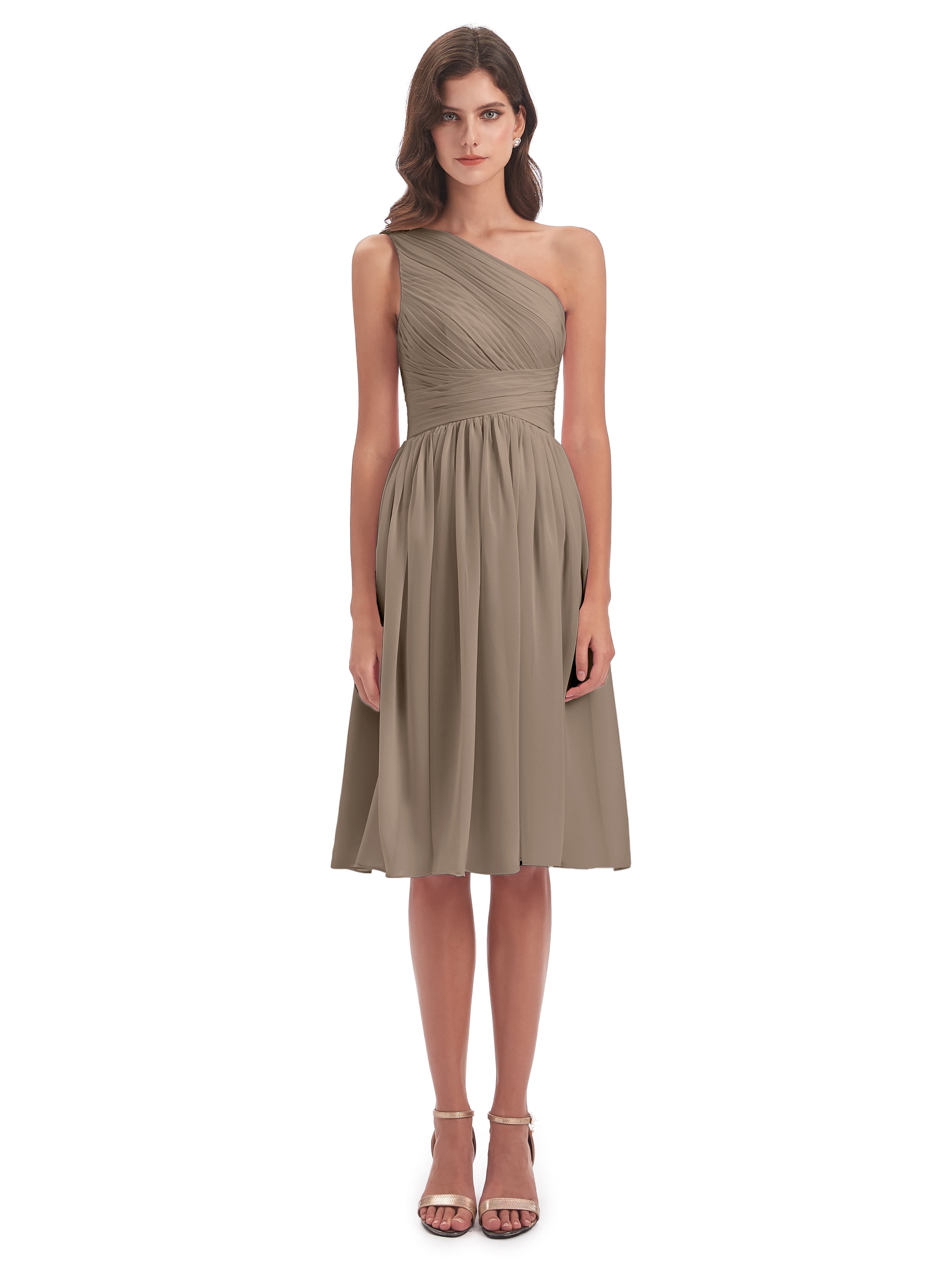 Robe Ceremonie Taupe Seule-Épaule Longueur Genou Mousseline Robes Demoiselle D'Honneur