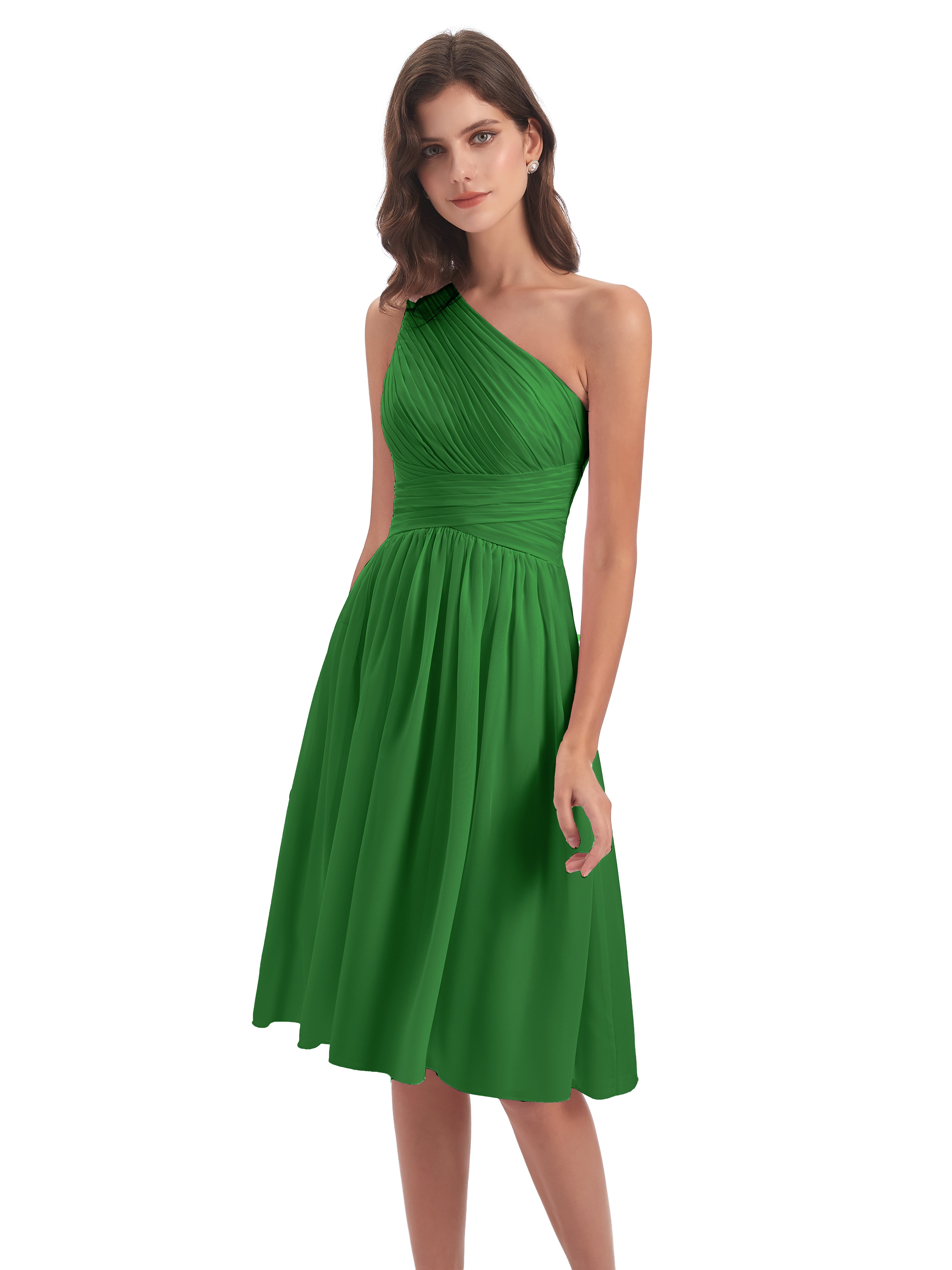 Robe De Demoiselle D Honneur Vert Seule-Épaule Longueur Genou Mousseline Robes Demoiselle D'Honneur