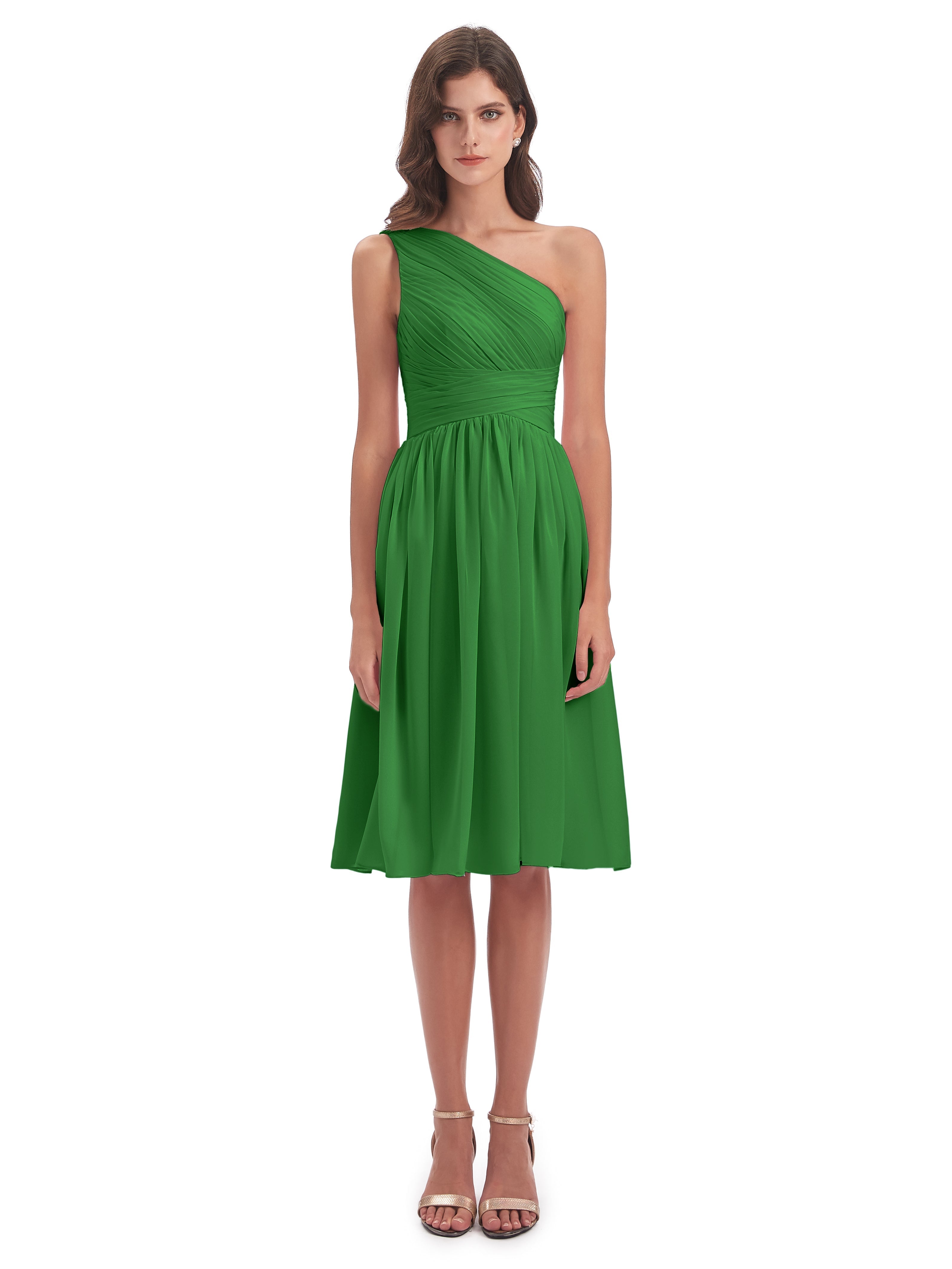Robe De Demoiselle D Honneur Vert Seule-Épaule Longueur Genou Mousseline Robes Demoiselle D'Honneur