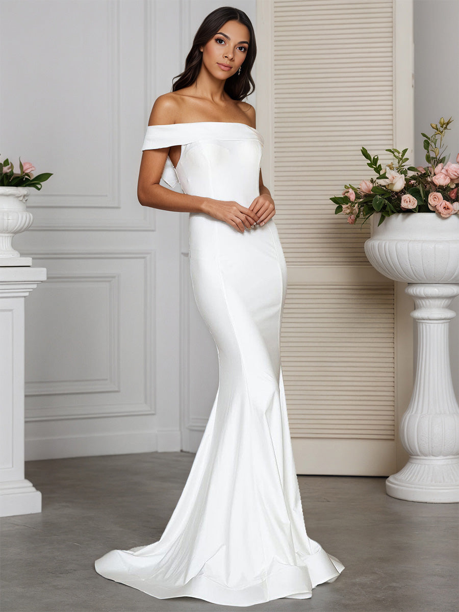 Cicinia Ivoire Robe de Mariée Sirène Épaules Dénudées Minimaliste Traîne Balayée
