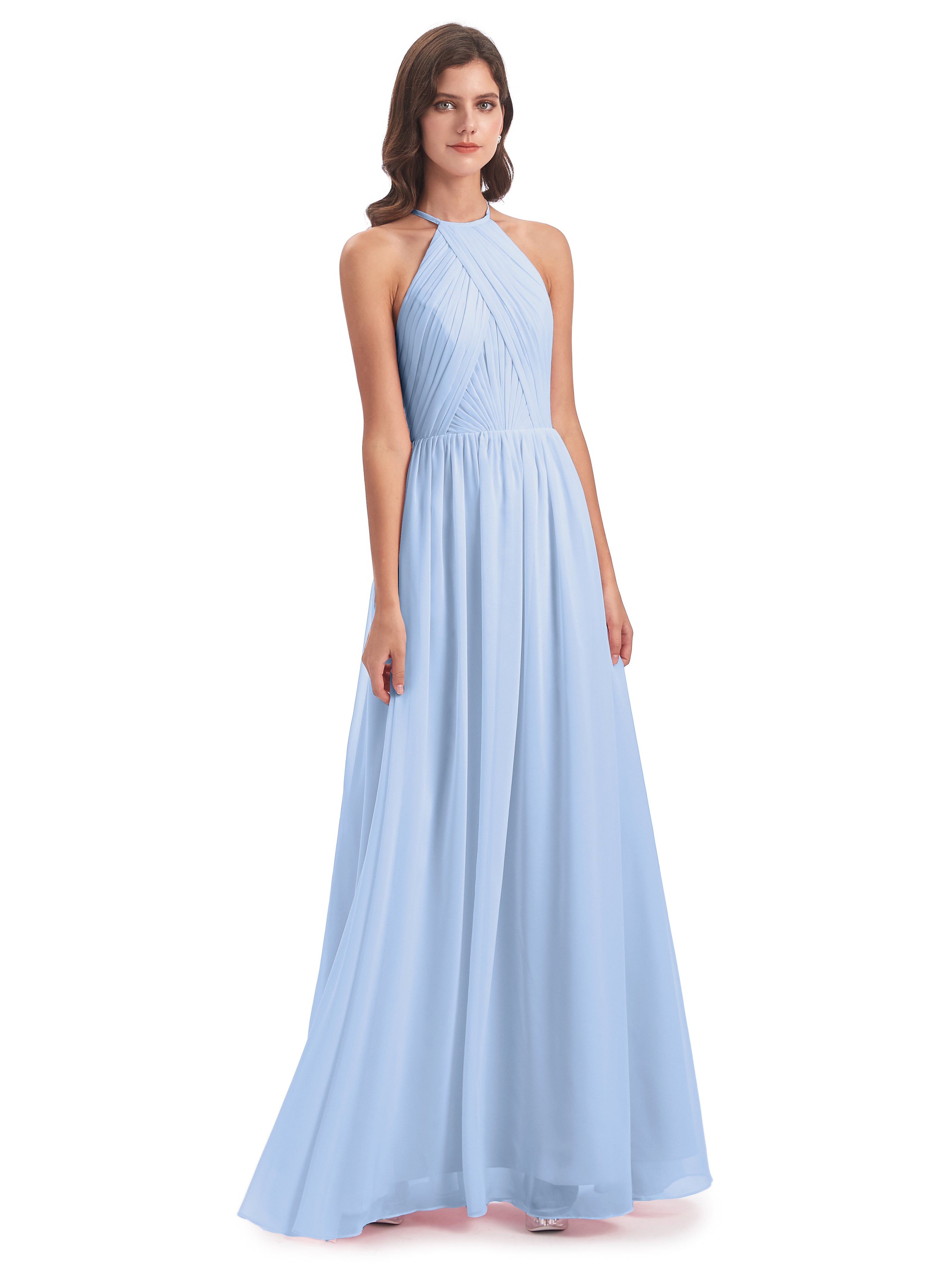 Robe Longue Bleu Ciel Demoiselle D Honneur Dos Ouvert Licou Mousseline Robes Demoiselle D'Honneur