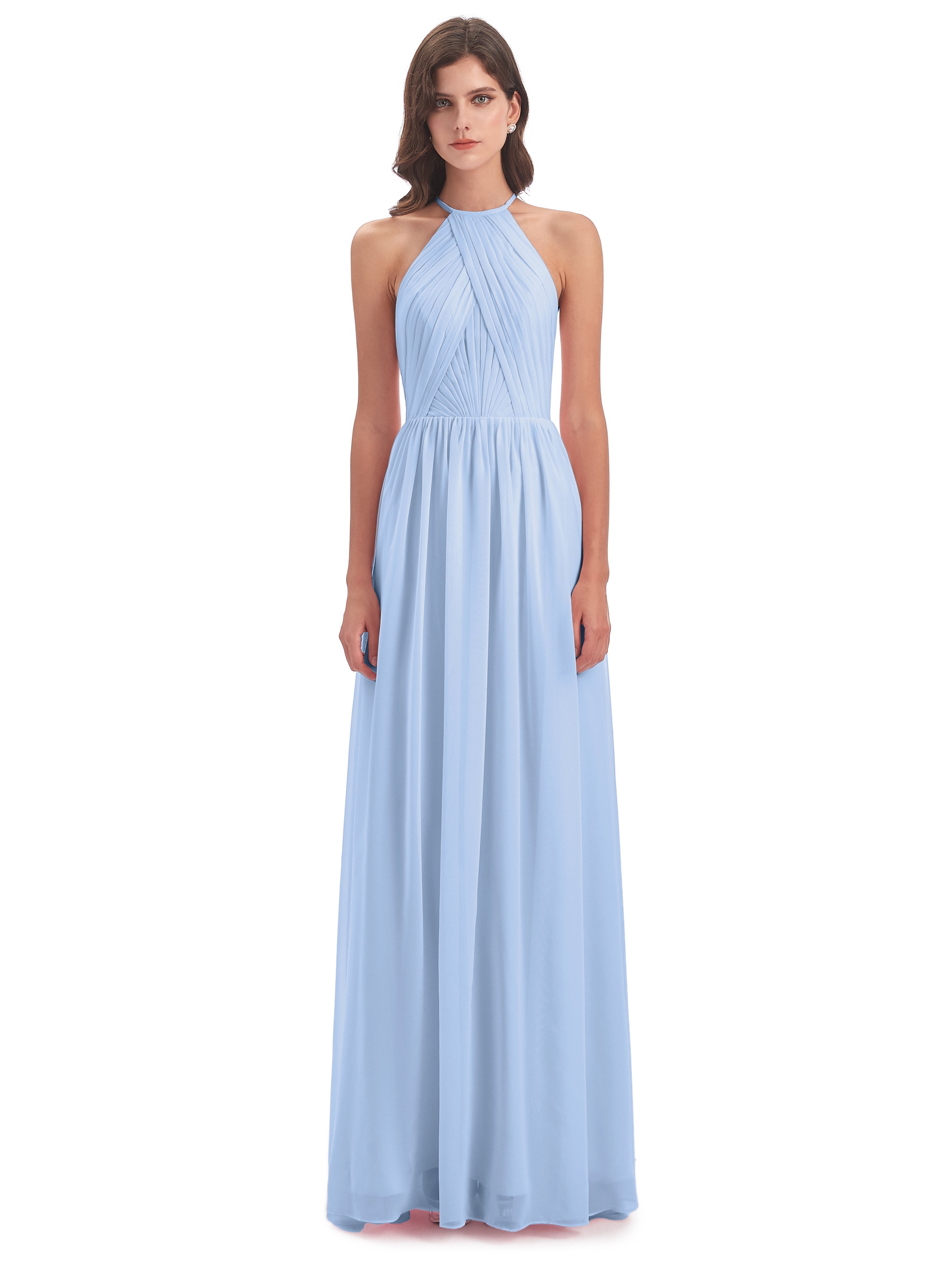 Robe Longue Bleu Ciel Demoiselle D Honneur Dos Ouvert Licou Mousseline Robes Demoiselle D'Honneur