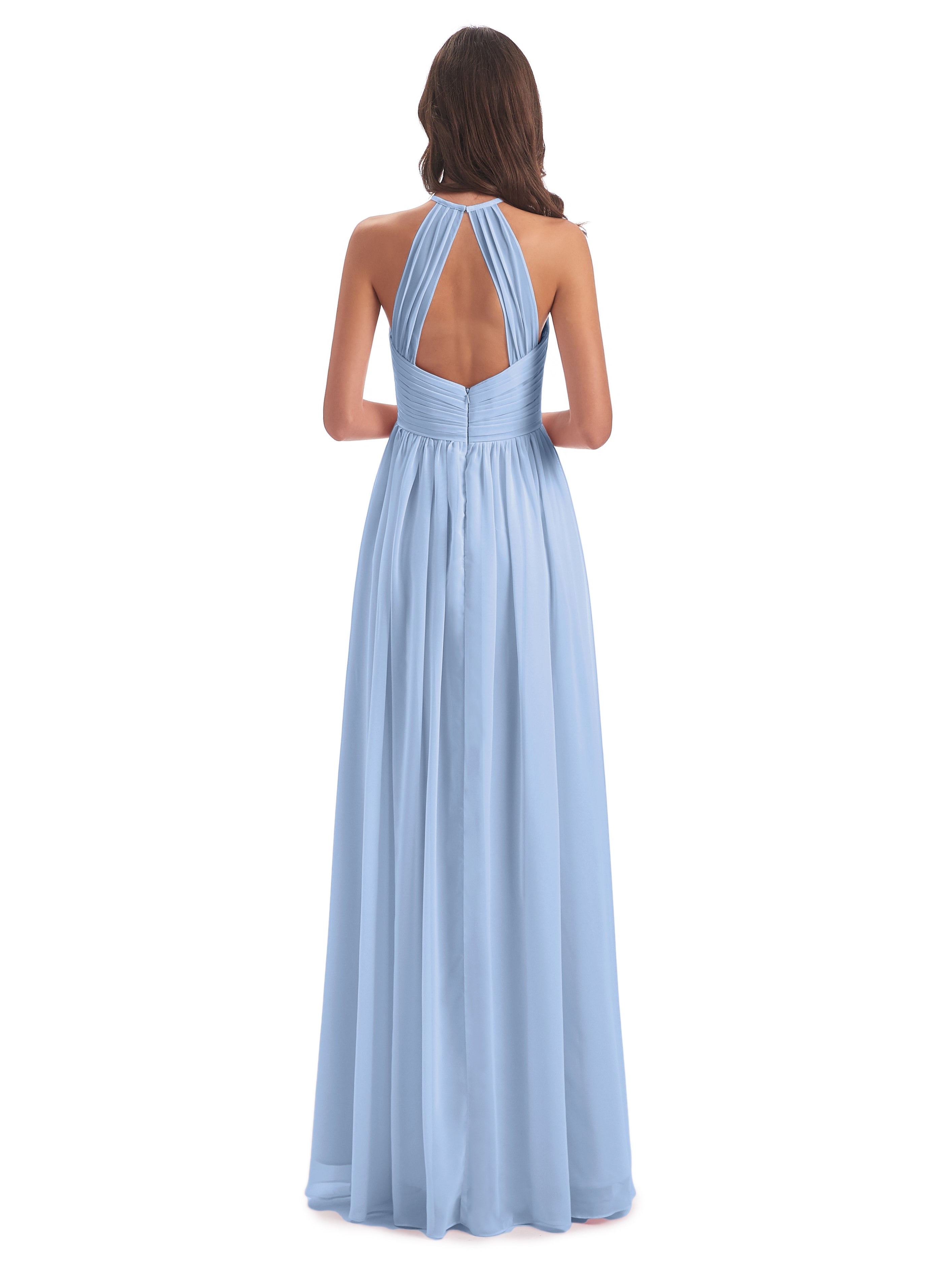 Robe Longue Bleu Ciel Demoiselle D Honneur Dos Ouvert Licou Mousseline Robes Demoiselle D'Honneur
