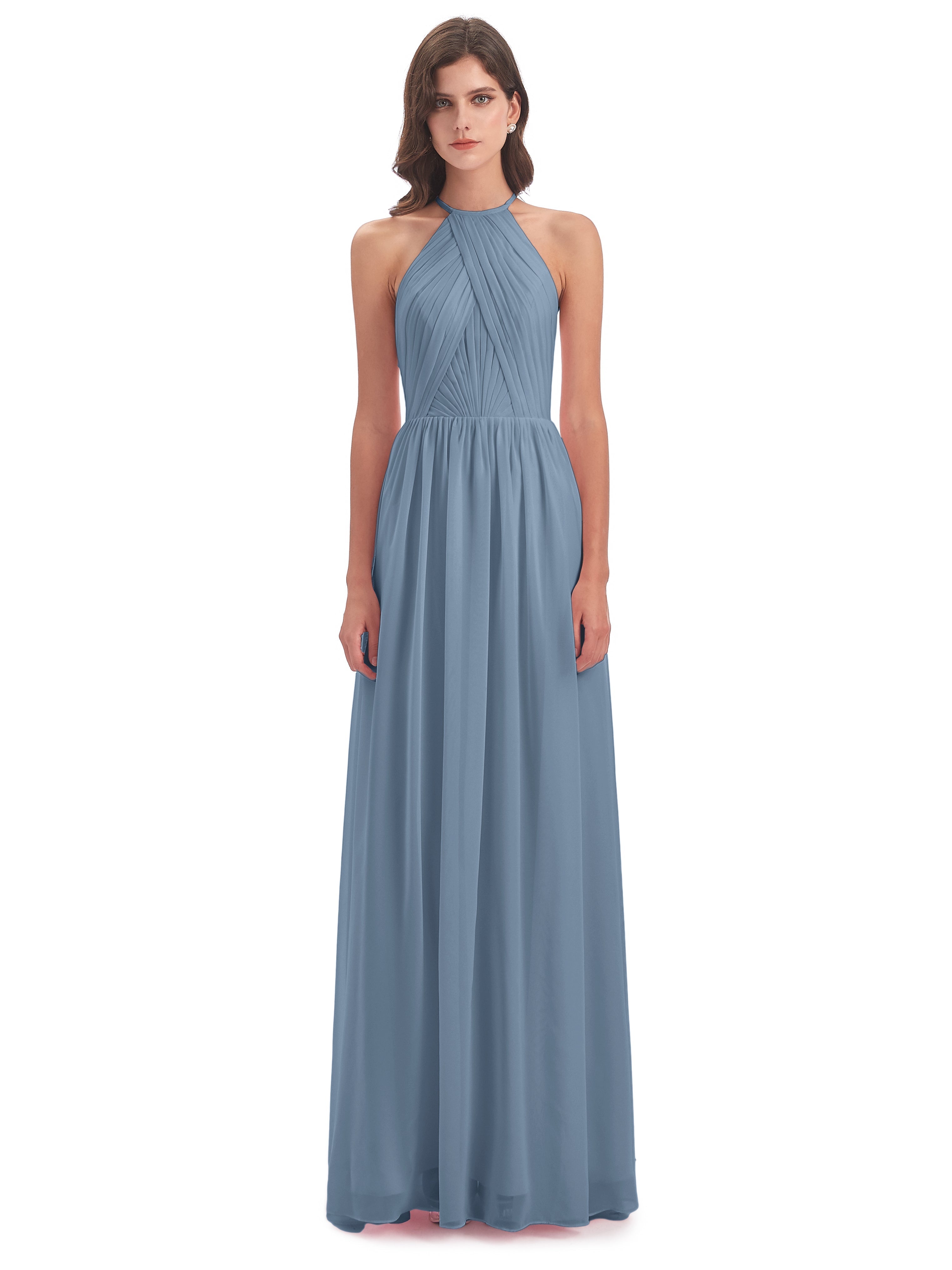 Robes De Demoiselle D'Honneur Bleu De Schiste Dos Ouvert Licou Mousseline Robes Demoiselle D'Honneur