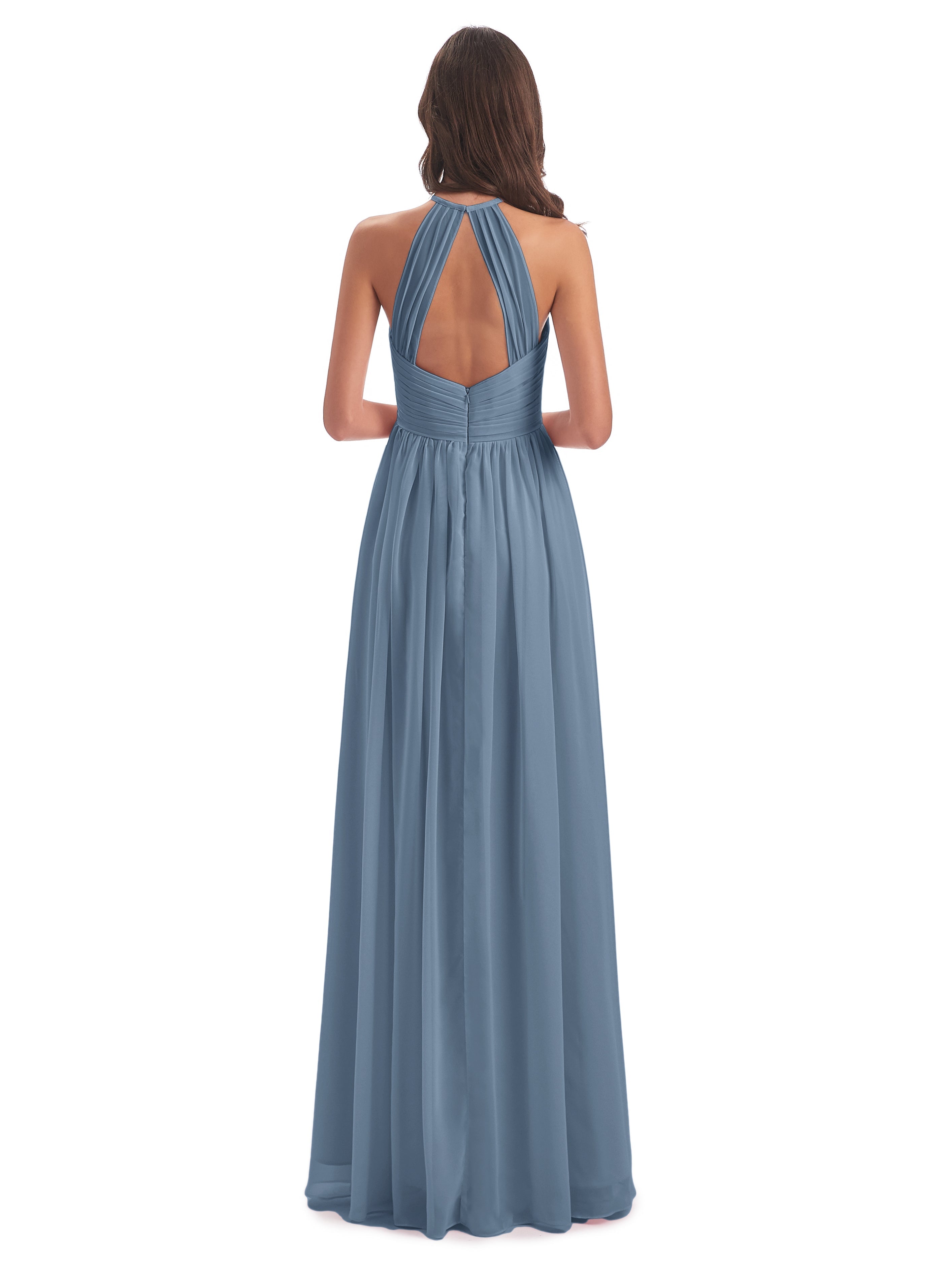 Robes De Demoiselle D'Honneur Bleu De Schiste Dos Ouvert Licou Mousseline Robes Demoiselle D'Honneur