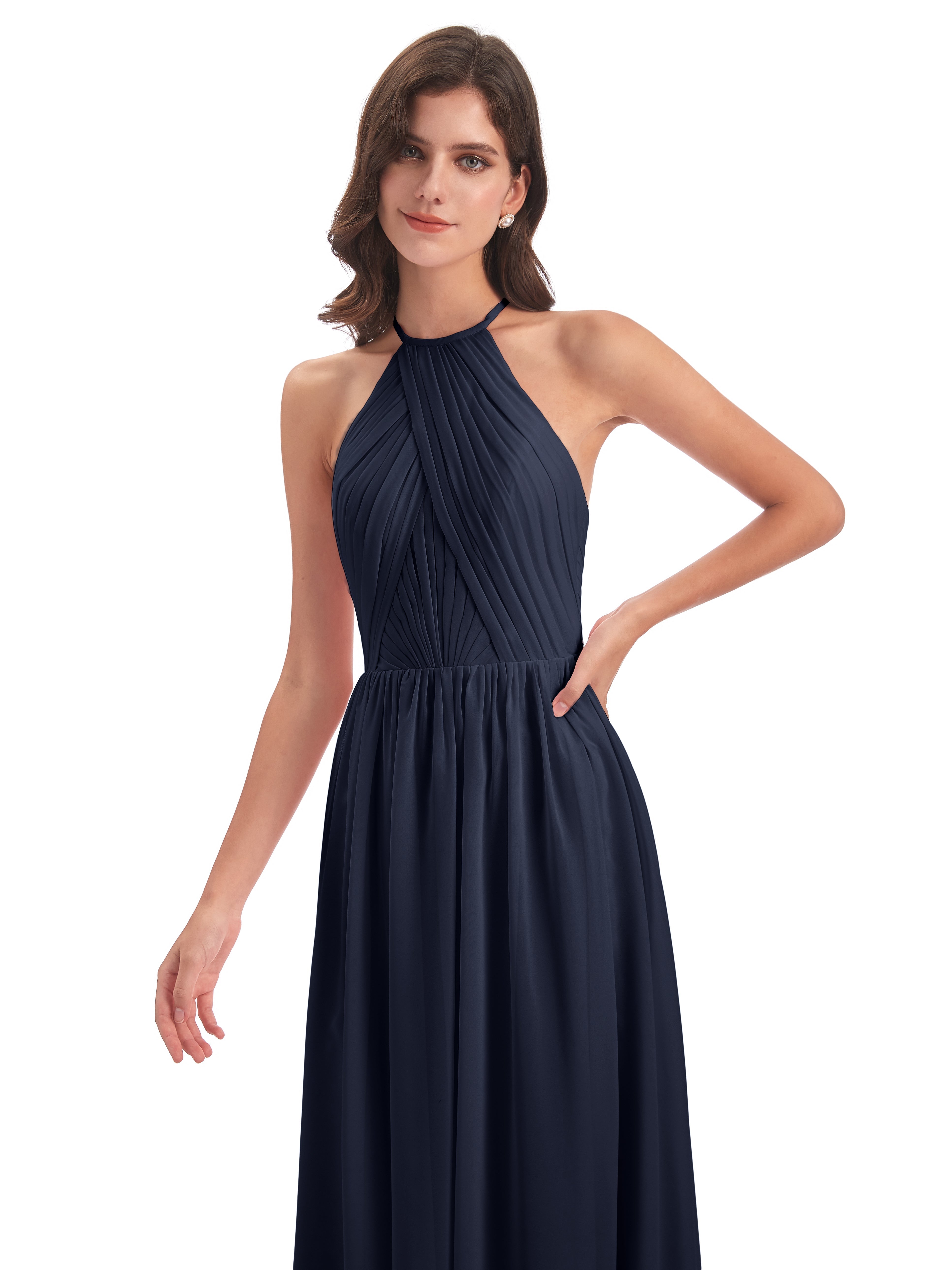 Robe Demoiselle Dhonneur Bleu Marine Dos Ouvert Licou Mousseline Robes Demoiselle D'Honneur